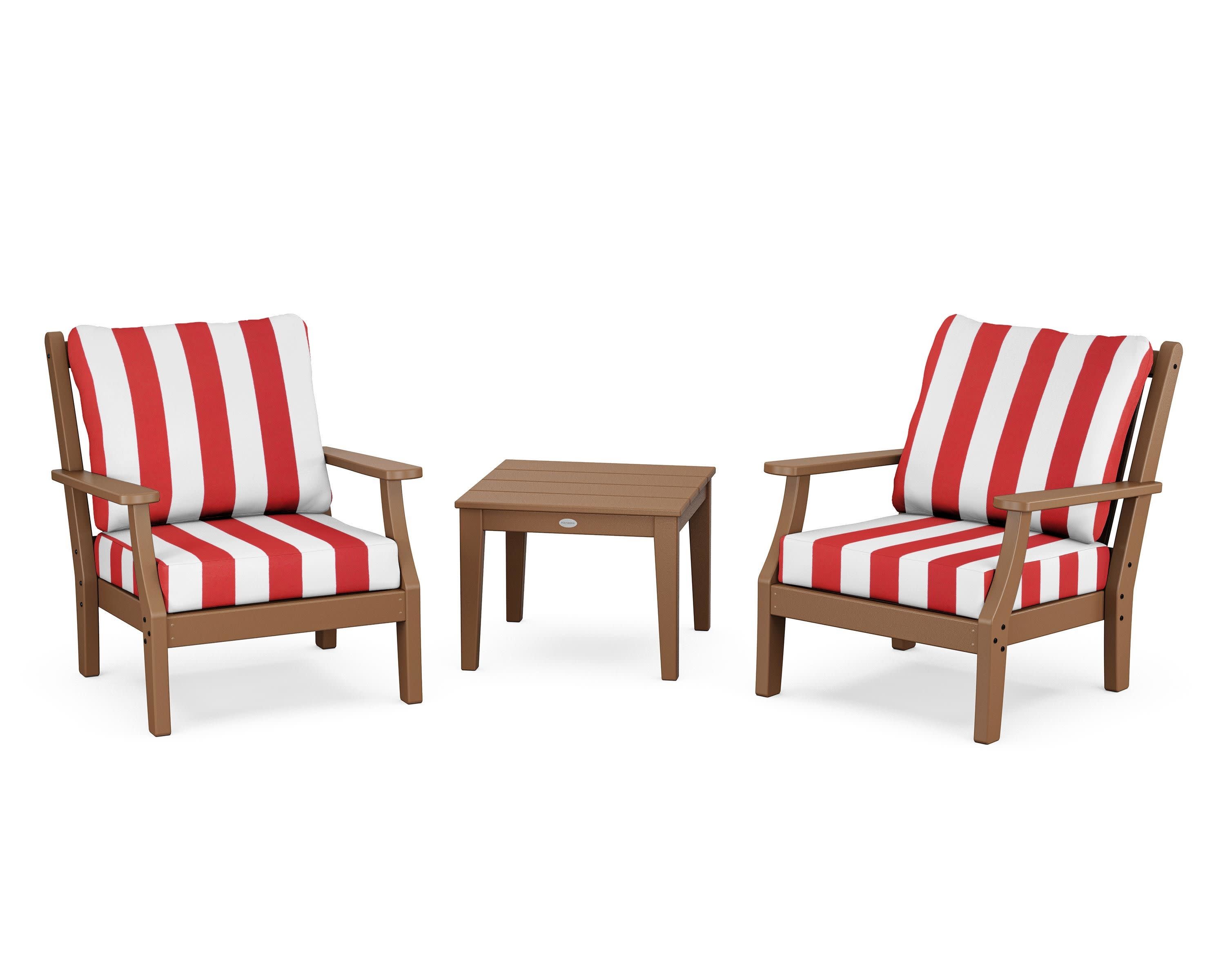Wovendale 3-Piece Deep Seating Set in Teak / Cabana Stripe Crimson