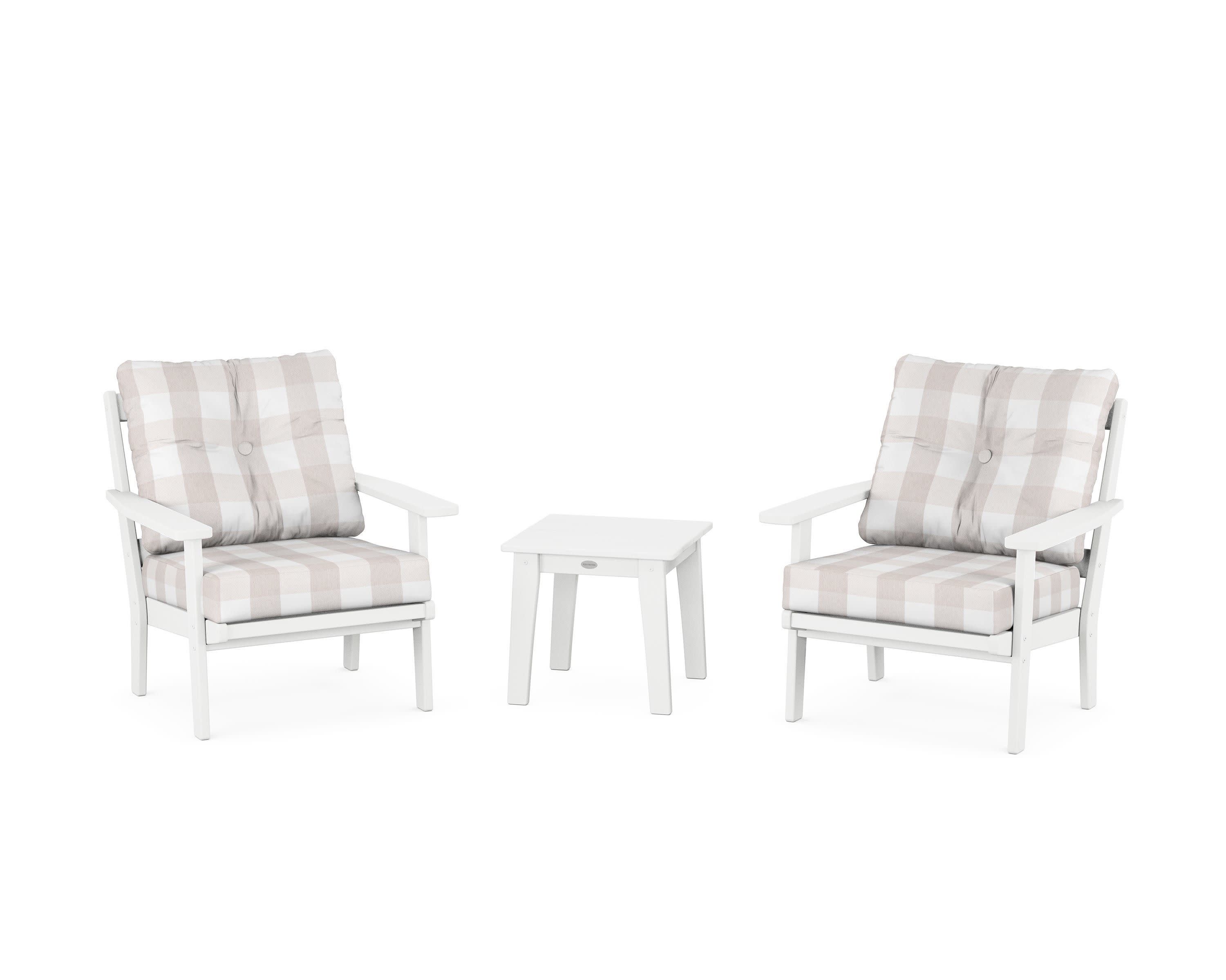Prairie 3-Piece Deep Seating Set in White / Buffalo Plaid Dune Burlap