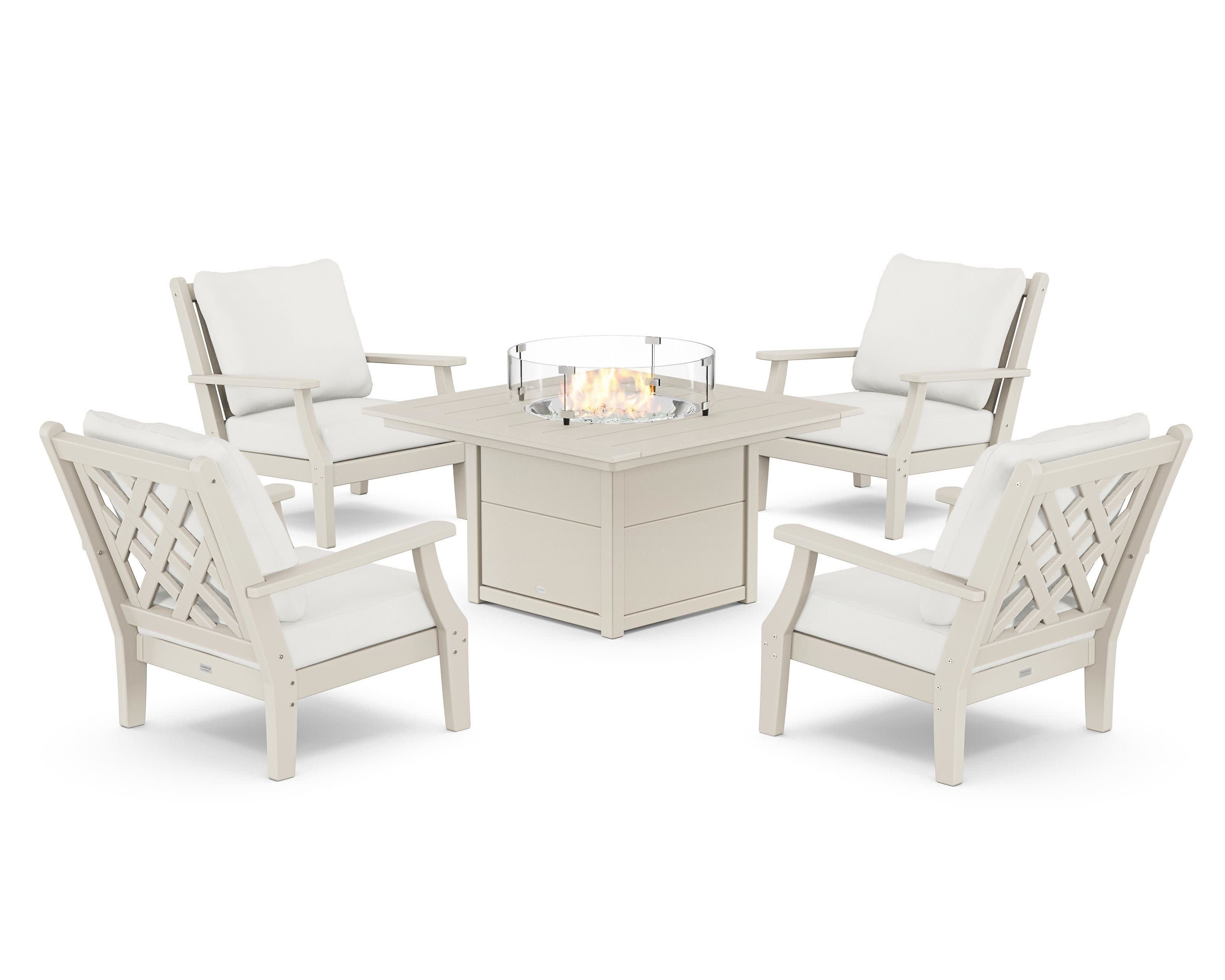 Wovendale 5-Piece Deep Seating Set with Fire Pit Table in Sand / Natural Linen