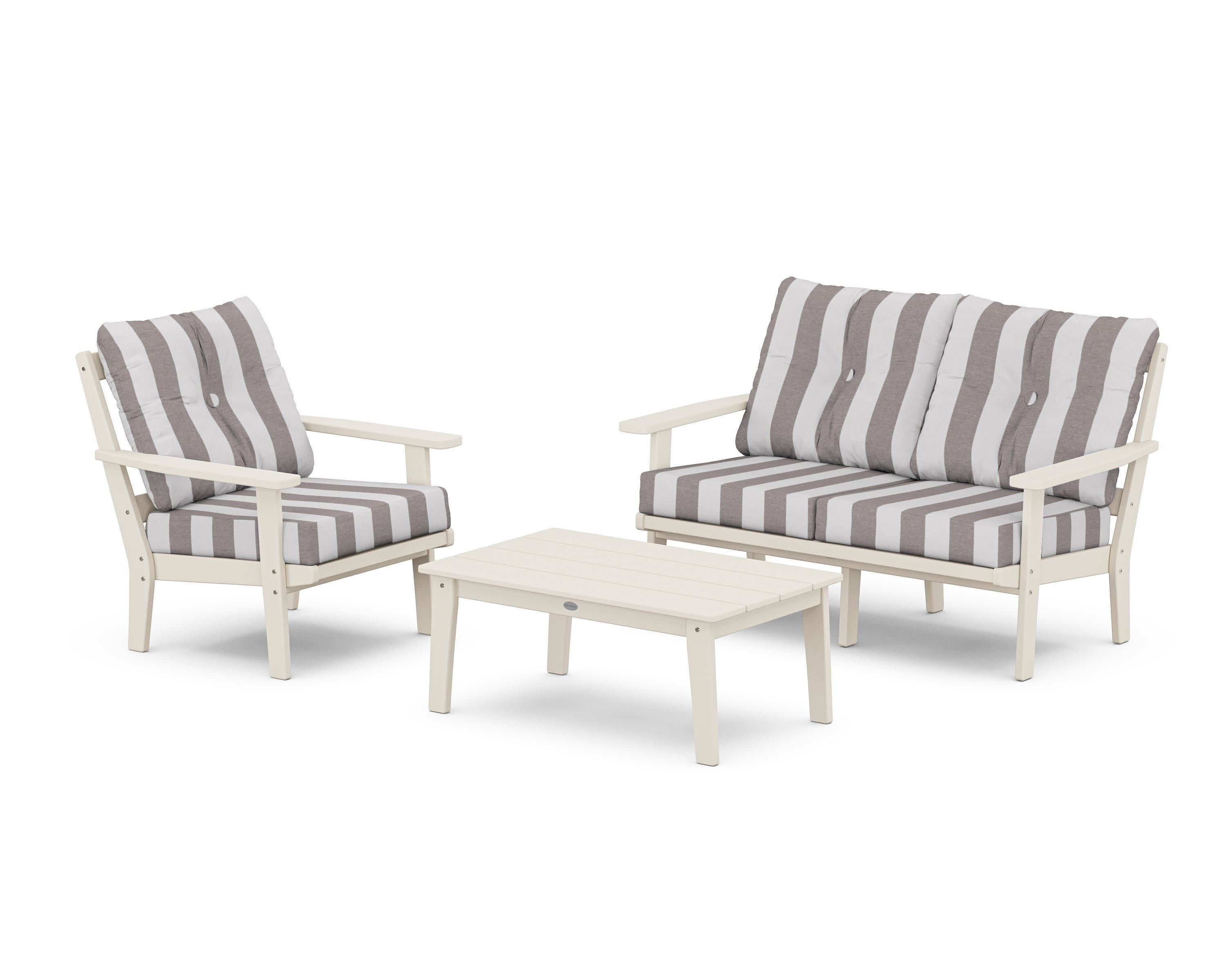 Prairie 3-Piece Deep Seating Set with Loveseat in Sand / Cabana Stripe Grey Mist