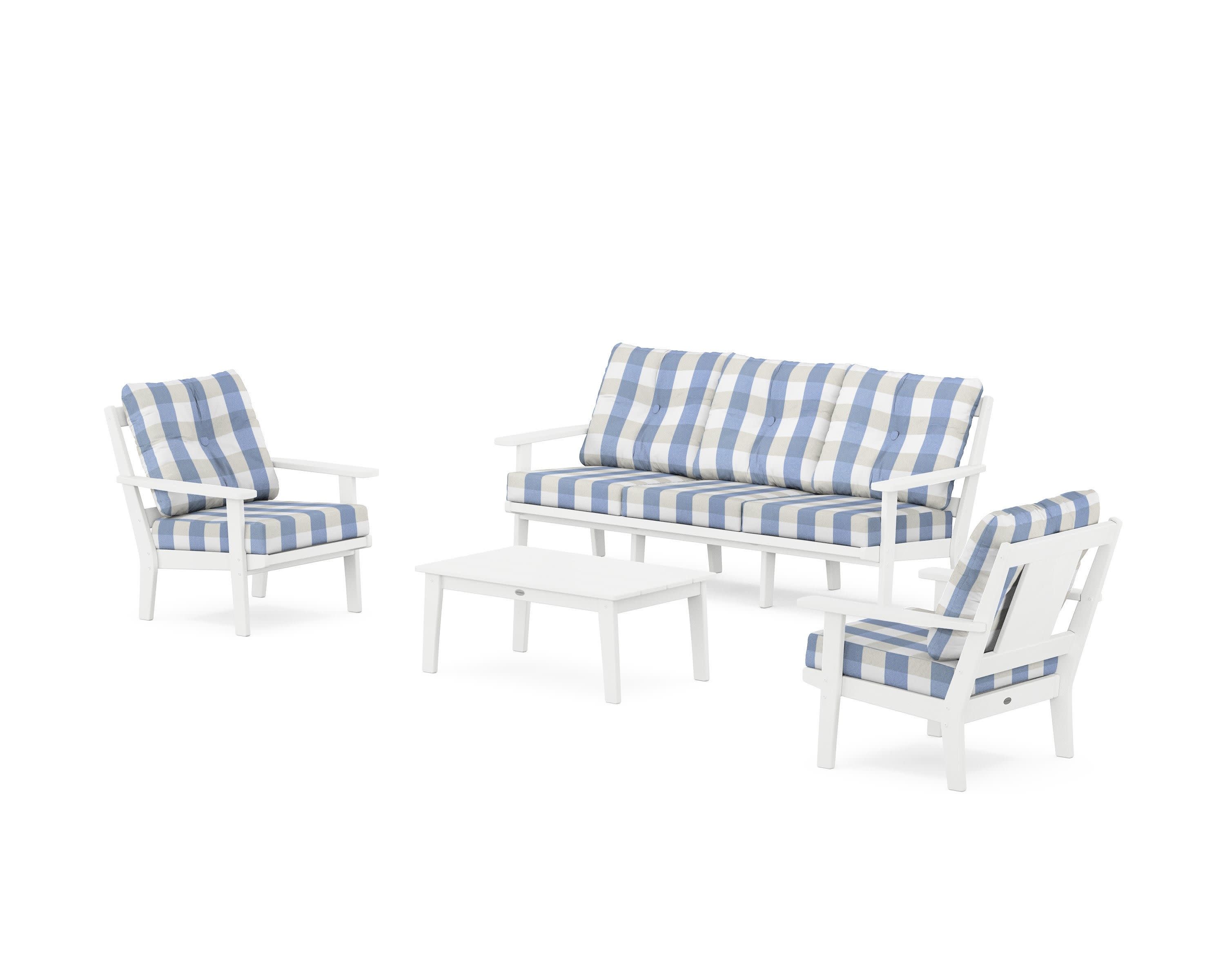 Prairie 4-Piece Deep Seating Set with Sofa in White / Buffalo Plaid Sky Blue