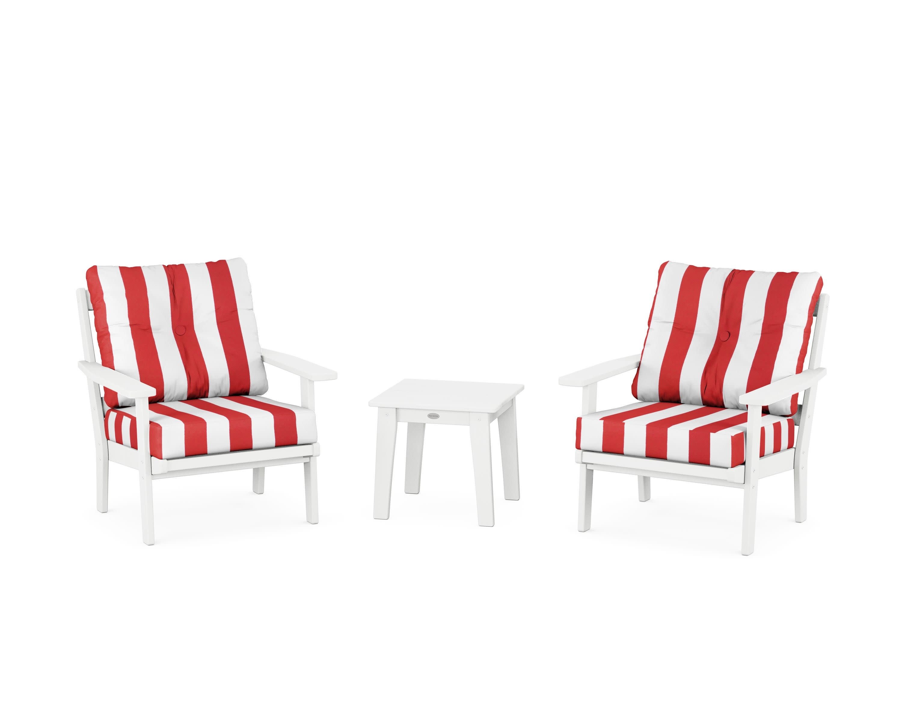 Prairie 3-Piece Deep Seating Set in White / Cabana Stripe Crimson