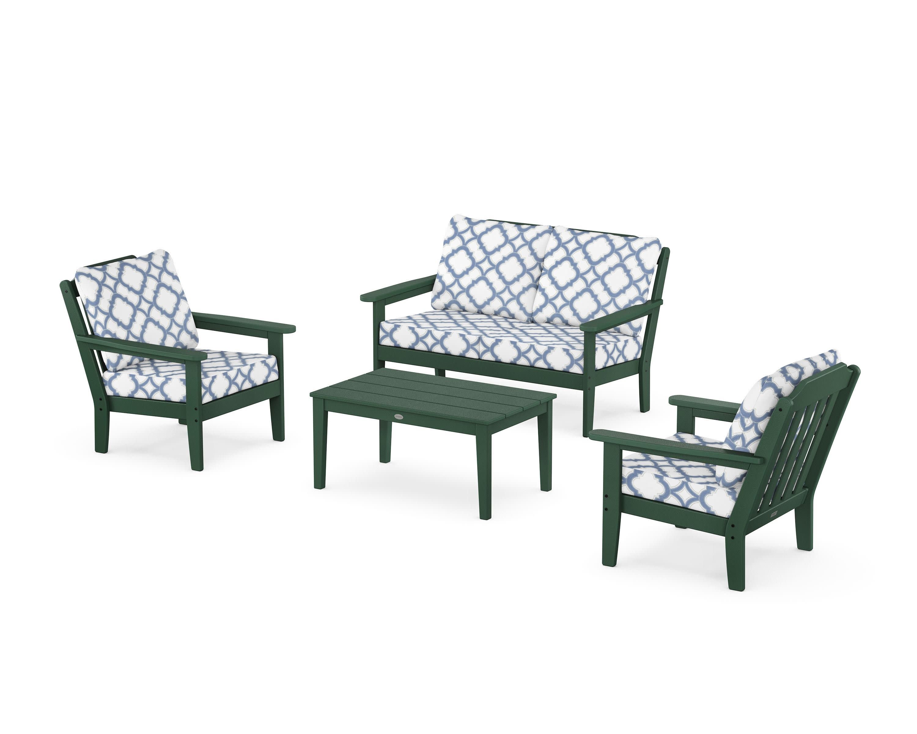 Cottage 4-Piece Deep Seating Set with Loveseat in Green / Trellis Sky Blue