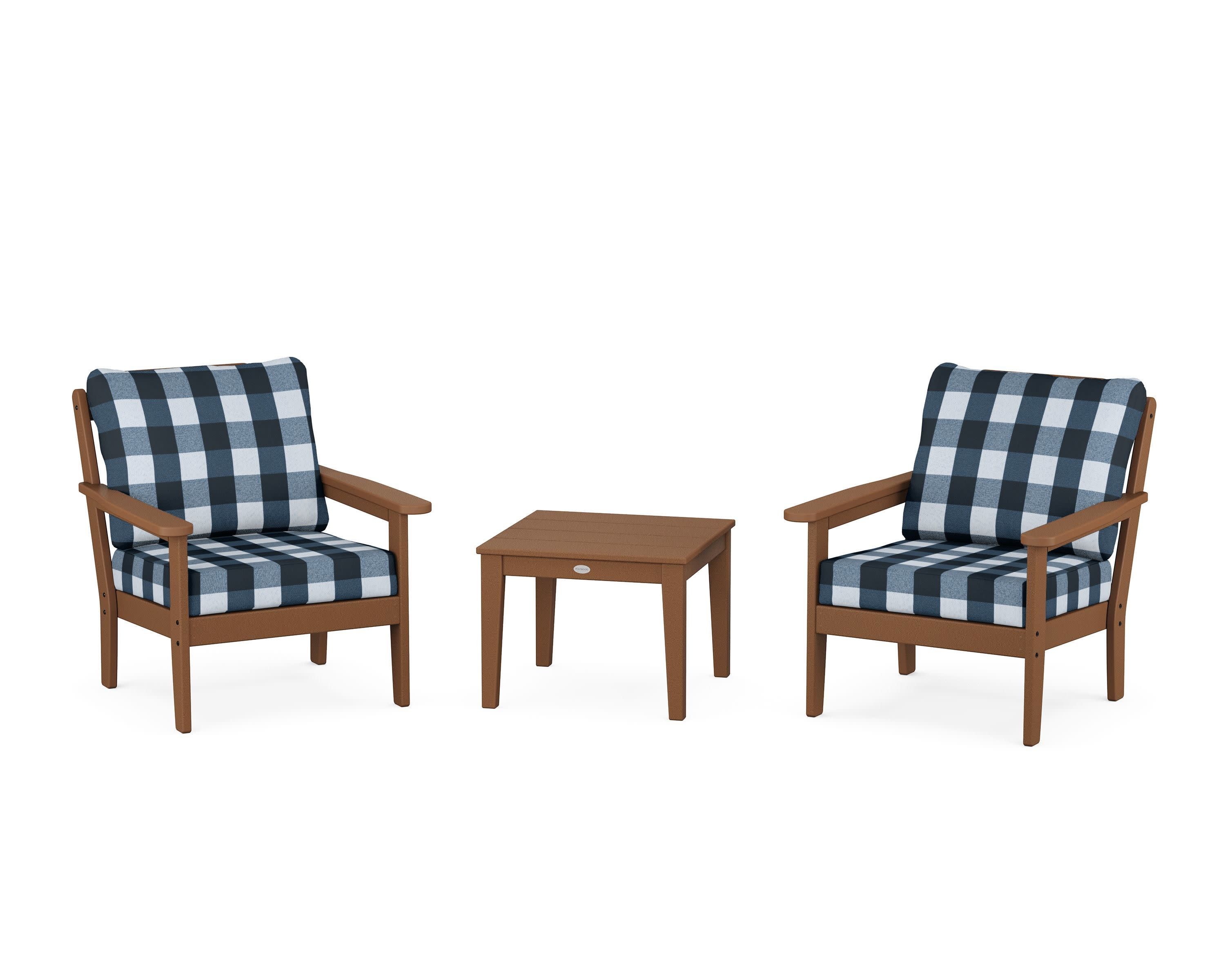 Cottage 3-Piece Deep Seating Set in Teak / Buffalo Plaid Marine Indigo