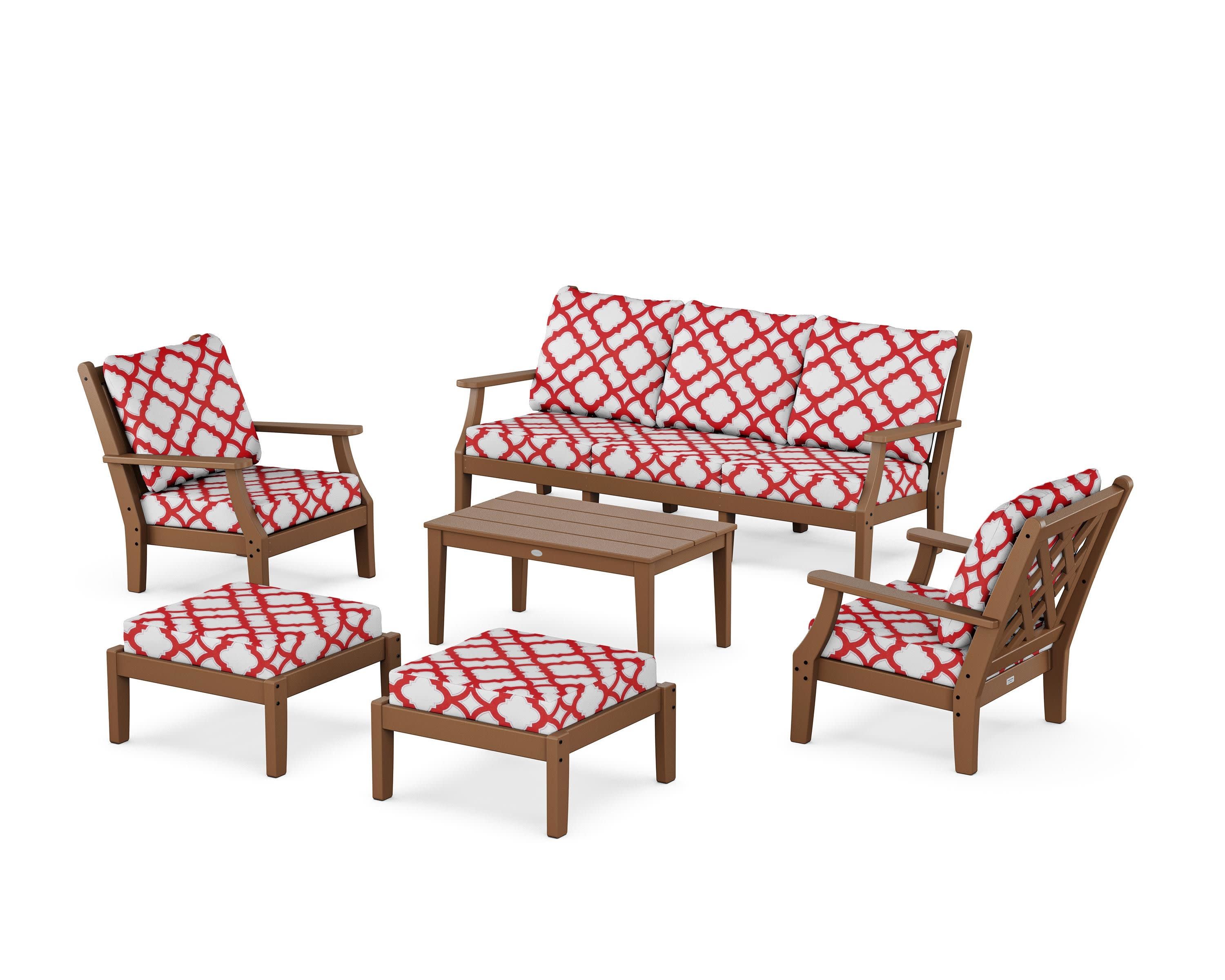 Wovendale 6-Piece Lounge Sofa Set in Teak / Trellis Crimson