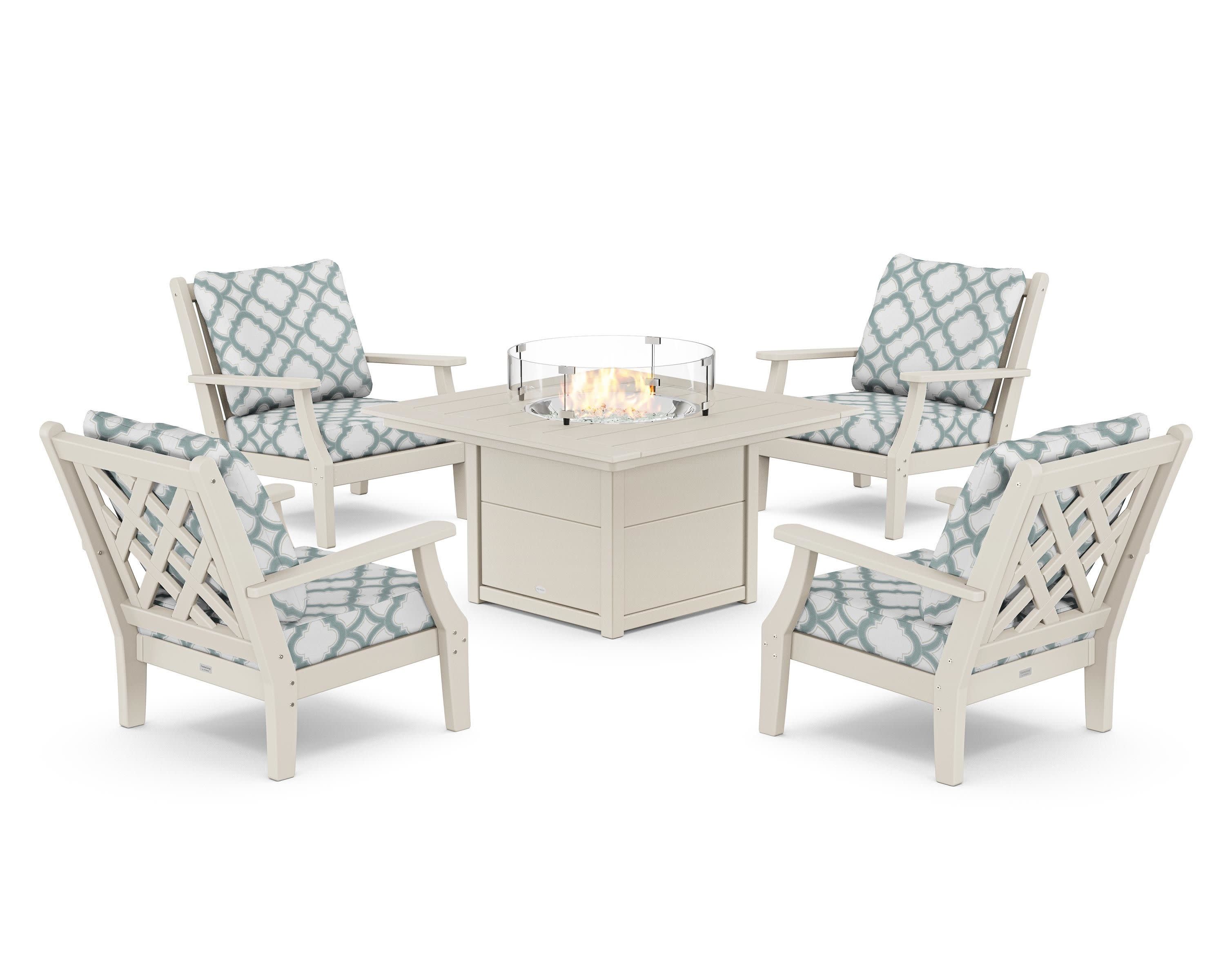 Wovendale 5-Piece Deep Seating Set with Fire Pit Table in Sand / Trellis Glacier Spa