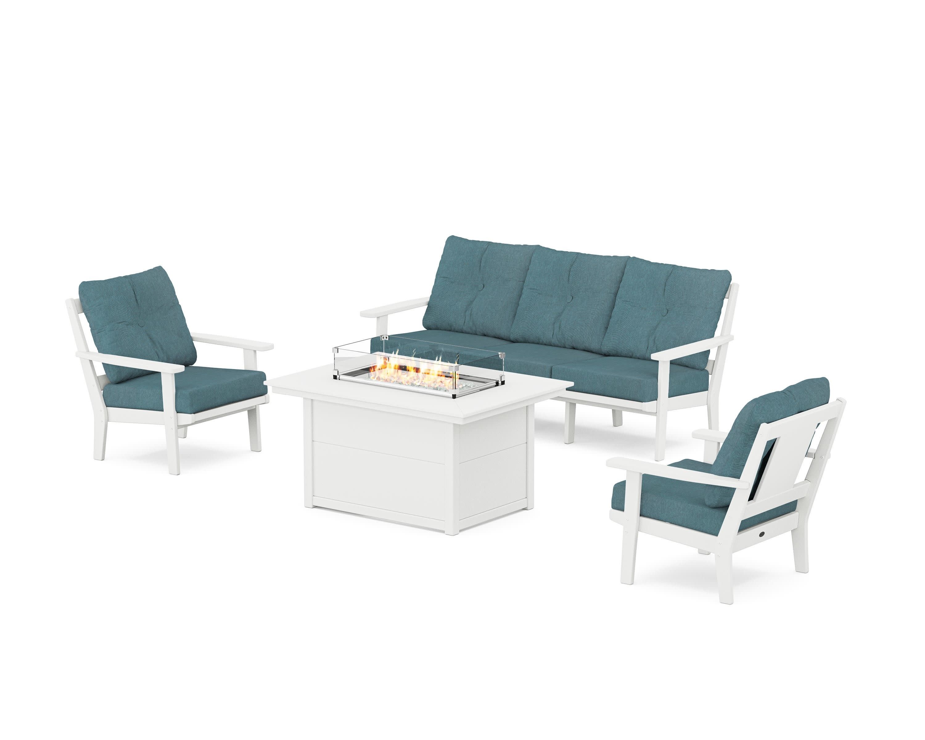 Prairie Deep Seating Fire Pit Table Set in White / Ocean Teal