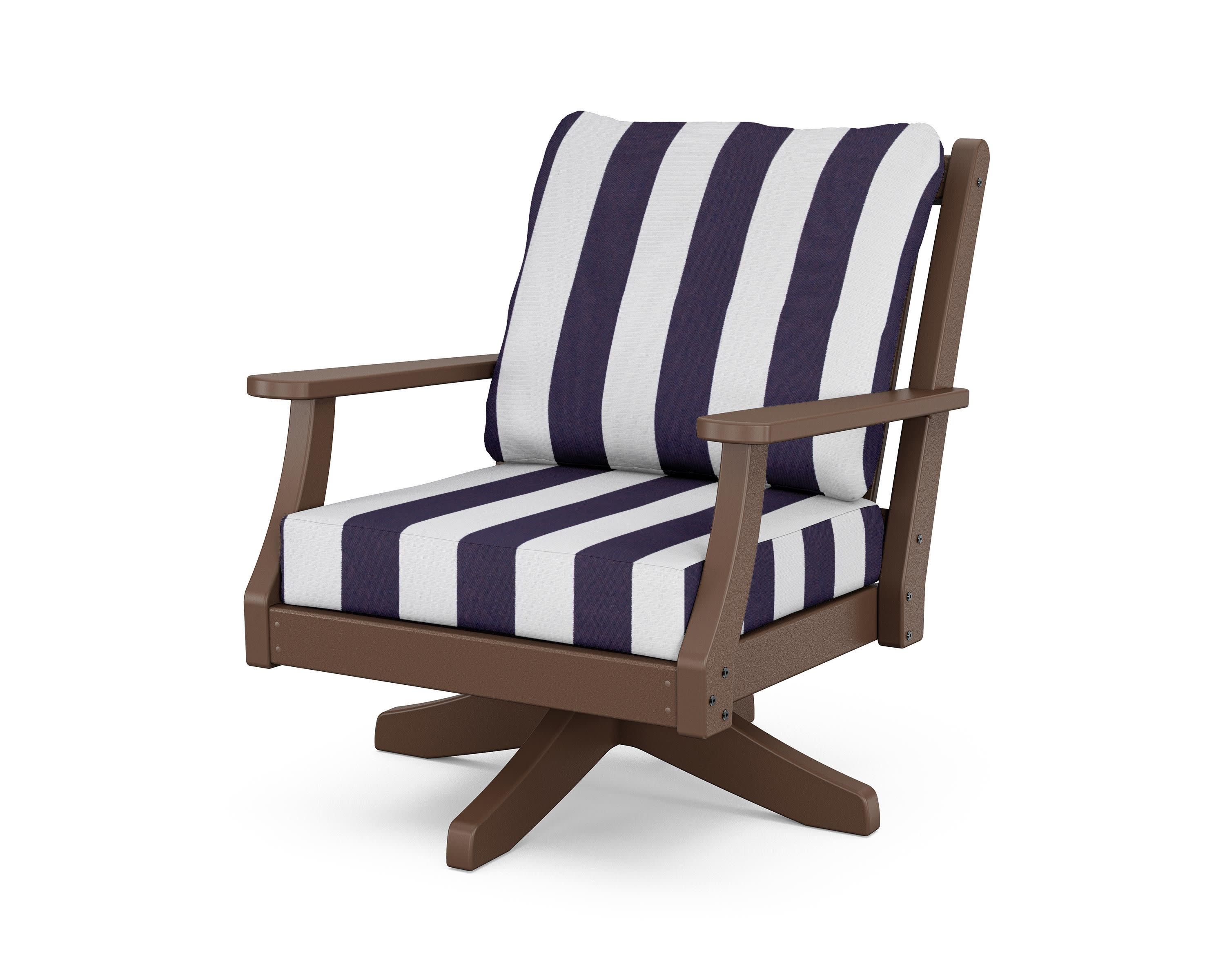 Wovendale Deep Seating Swivel Chair in Mahogany / Cabana Stripe Navy