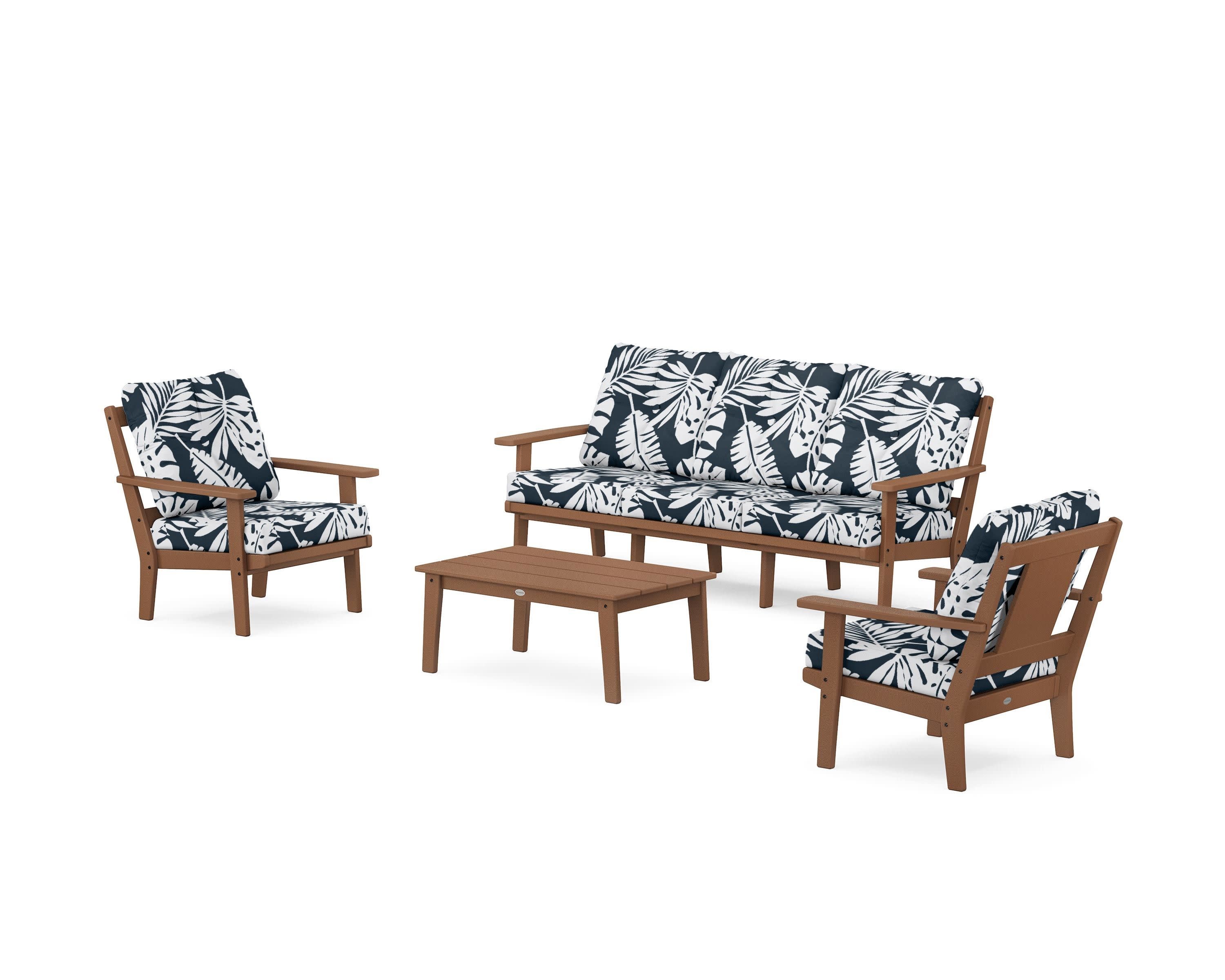 Prairie 4-Piece Deep Seating Set with Sofa in Teak / Leaf Marine Indigo