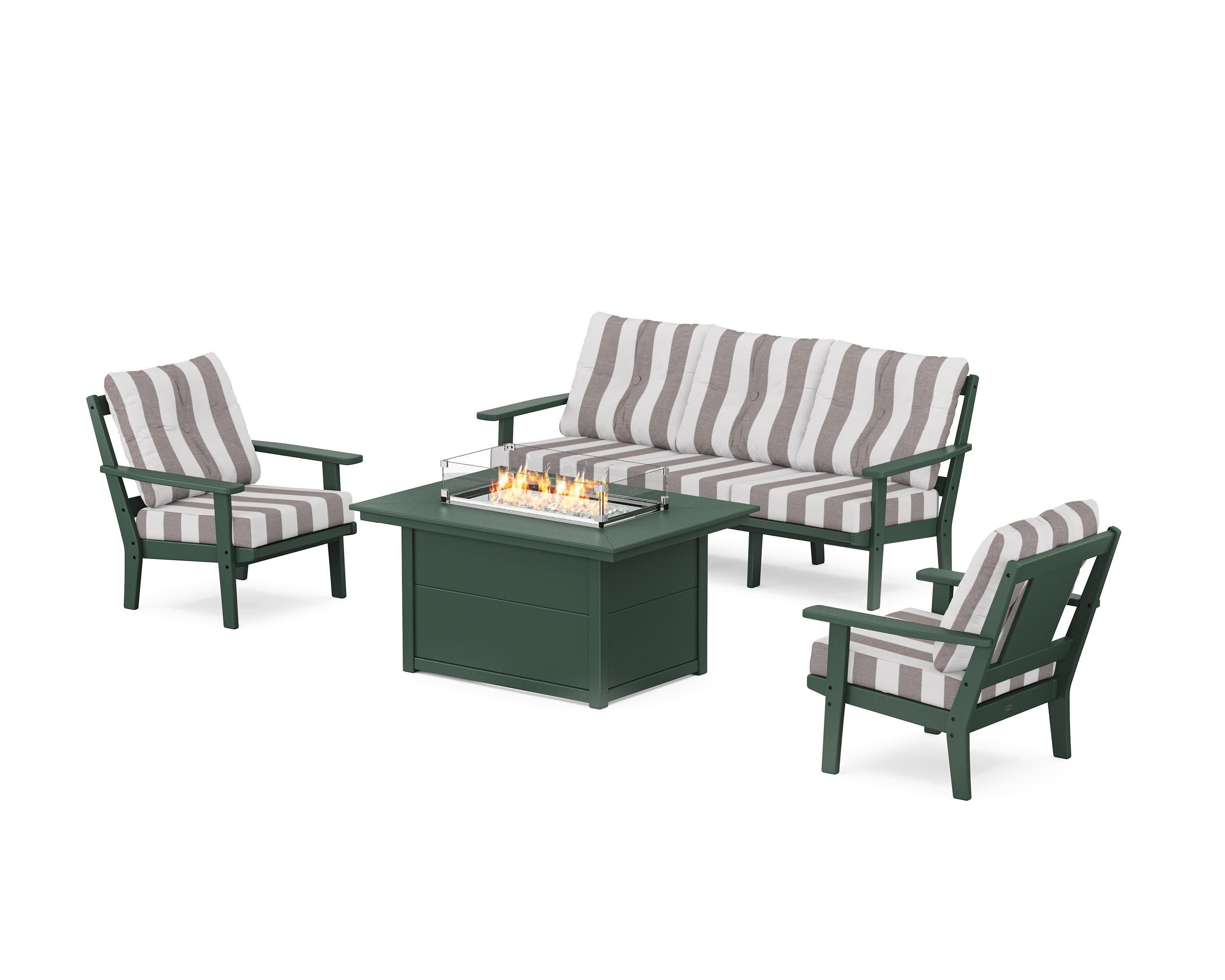 Prairie Deep Seating Fire Pit Table Set in Green / Cabana Stripe Grey Mist