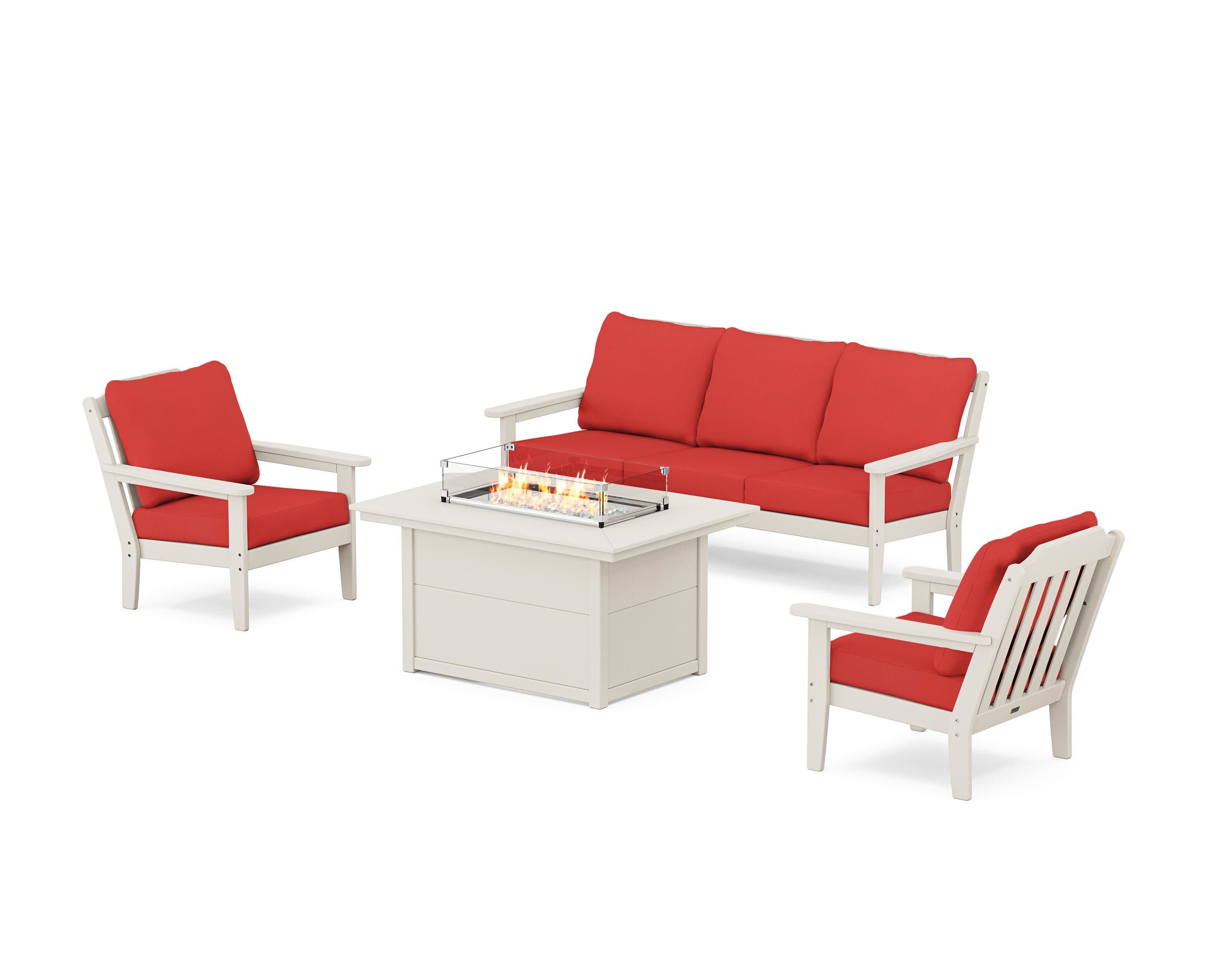 Cottage Deep Seating Fire Pit Table Set in Sand / Crimson Linen