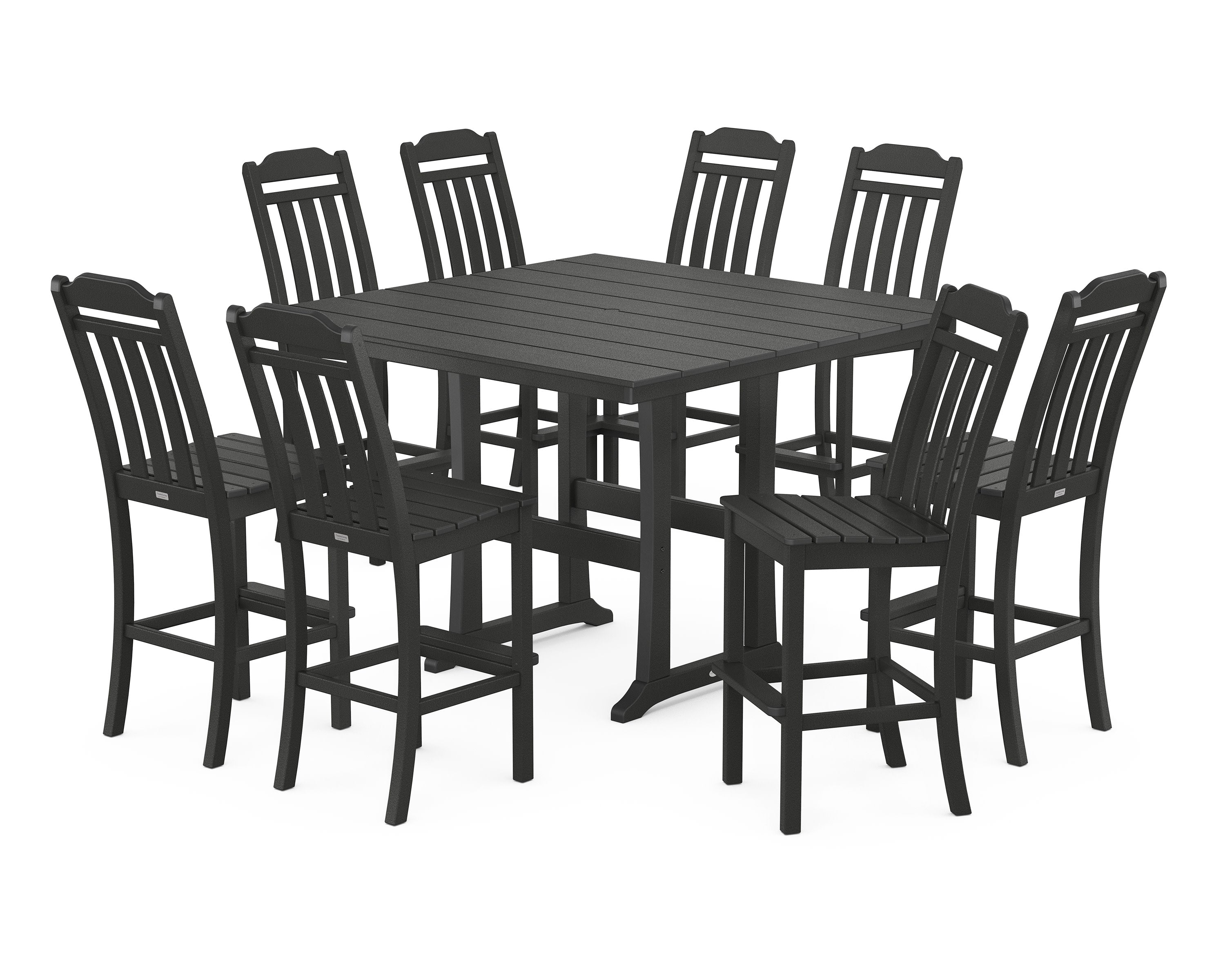 Cottage 9-Piece Square Farmhouse Side Chair Bar Set with Trestle Legs in Black
