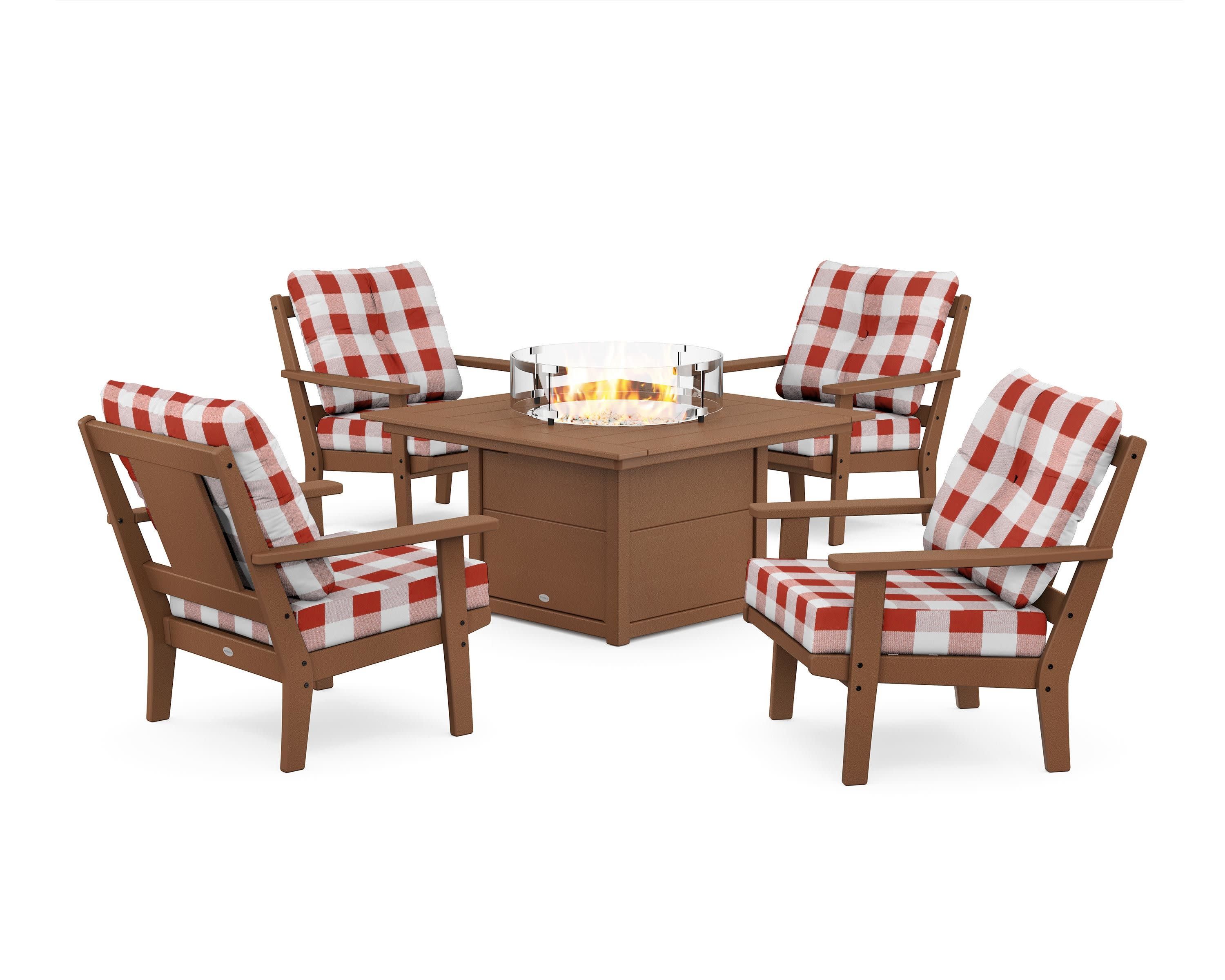Prairie 5-Piece Deep Seating Set with Fire Pit Table in Teak / Buffalo Plaid Crimson