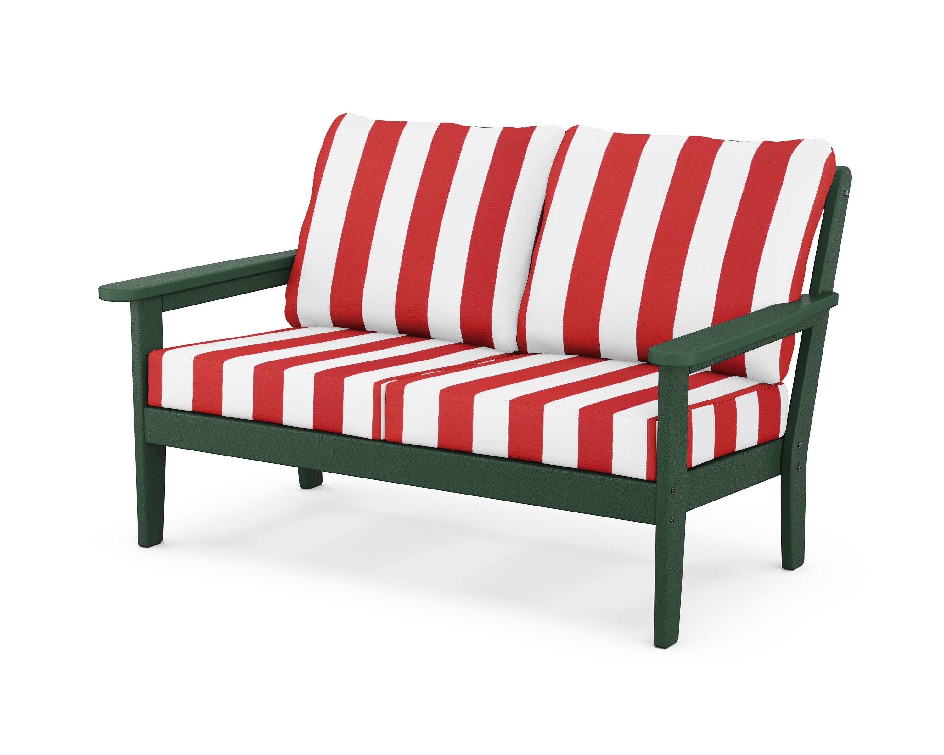 Cottage Deep Seating Loveseat in Green / Cabana Stripe Crimson
