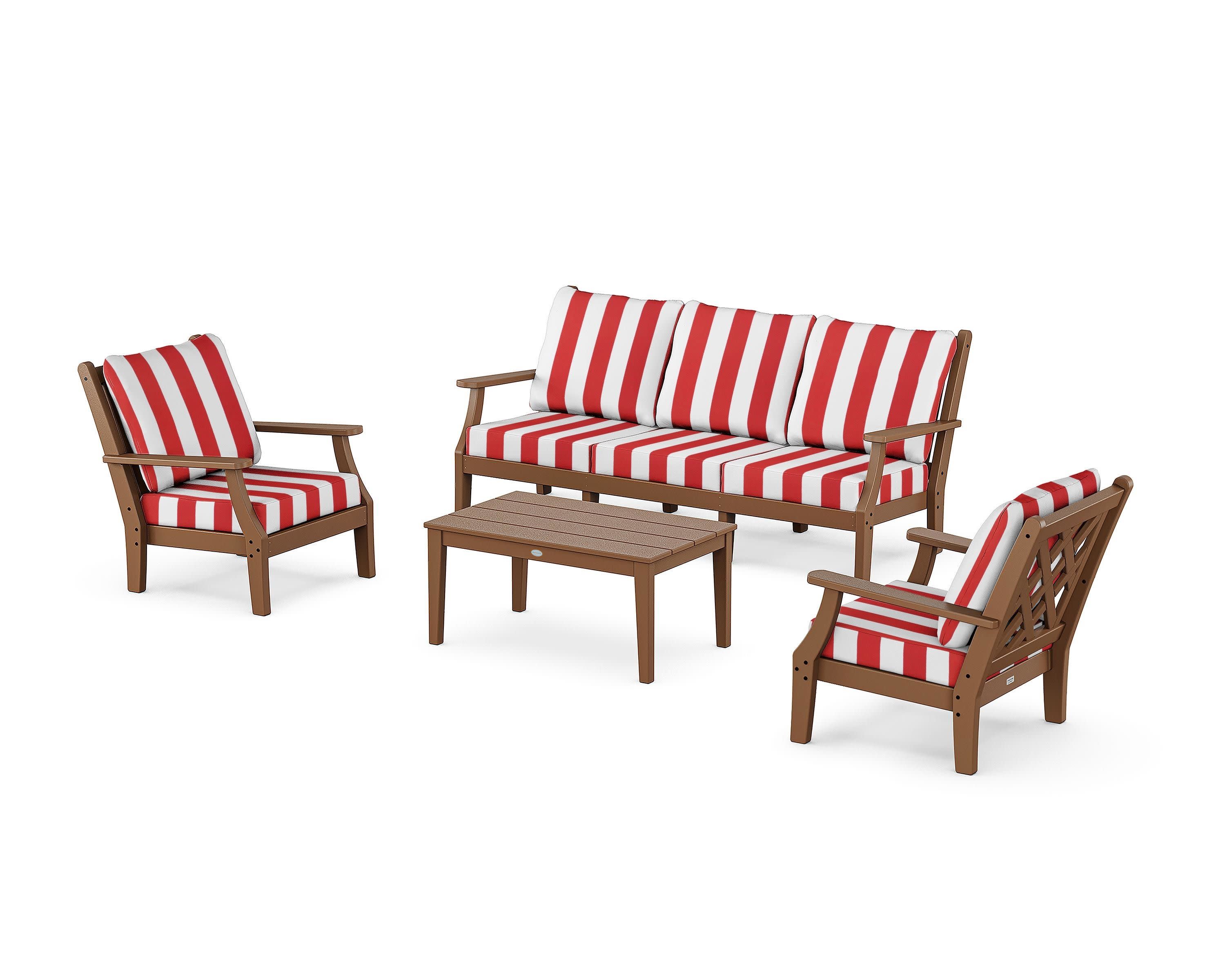 Wovendale 4-Piece Deep Seating Set with Sofa in Teak / Cabana Stripe Crimson