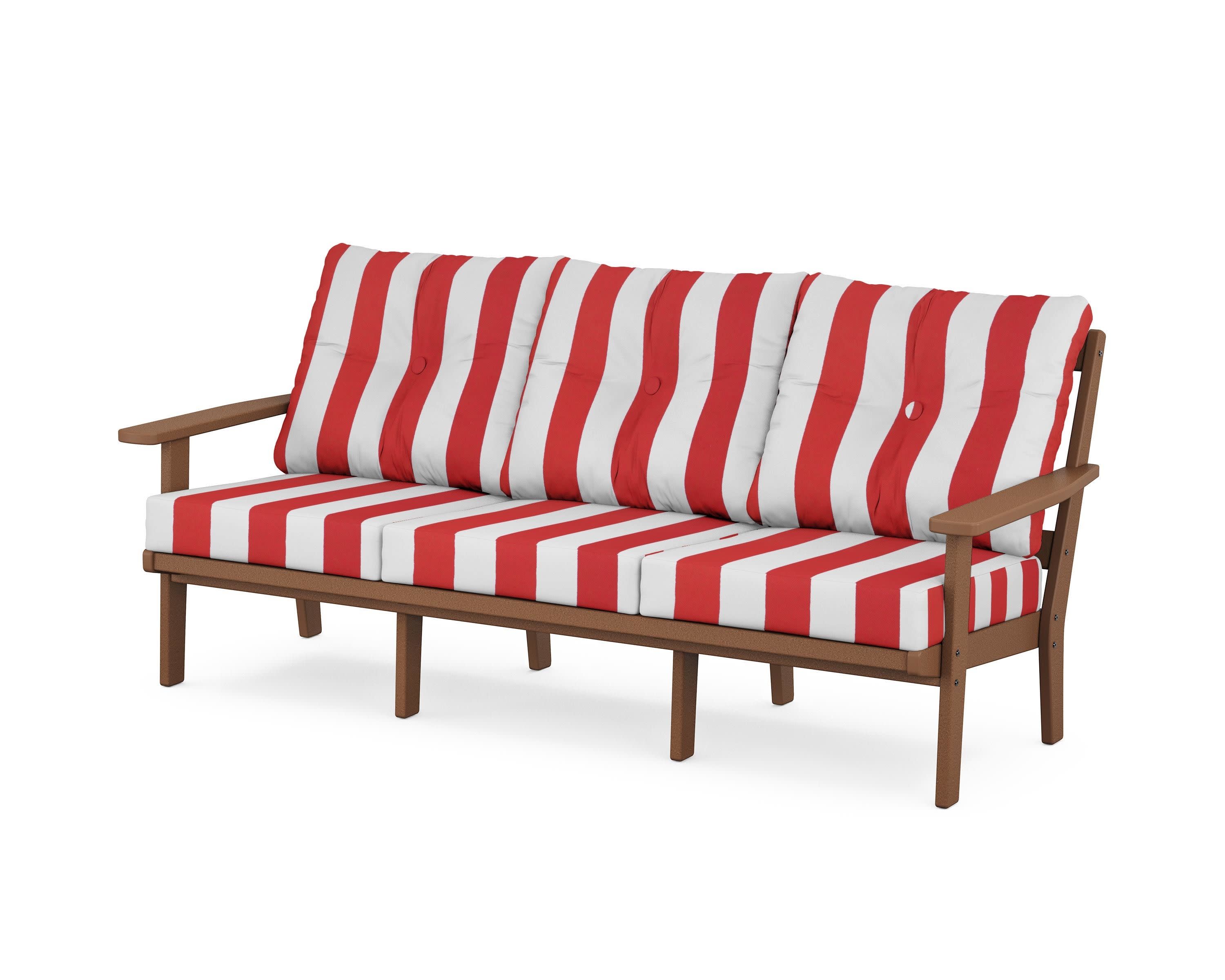 PrairieDeep Seating Sofa in Teak / Cabana Stripe Crimson
