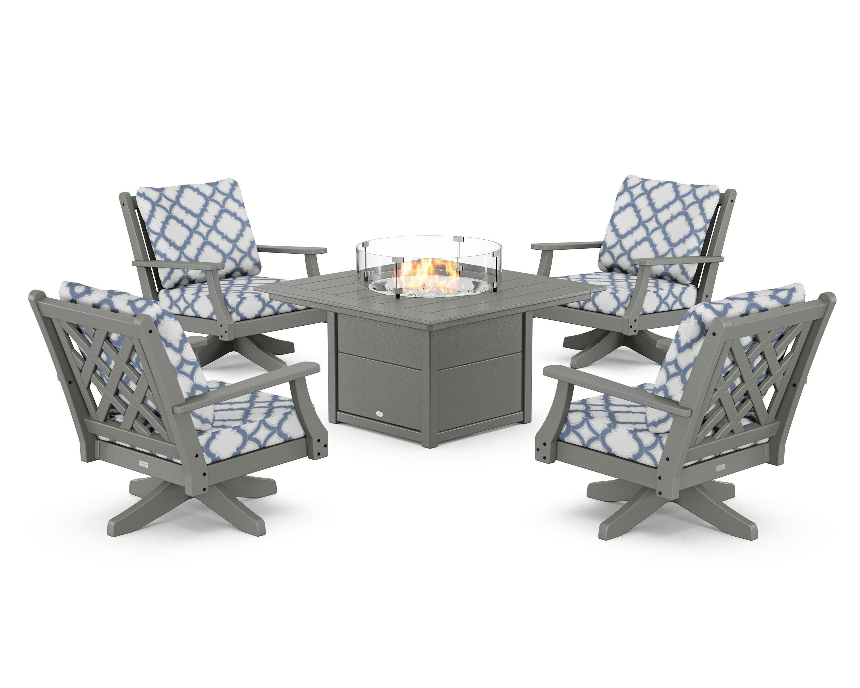 Wovendale 5-Piece Deep Seating Swivel Conversation Set with Fire Pit Table in Slate Grey / Trellis Sky Blue