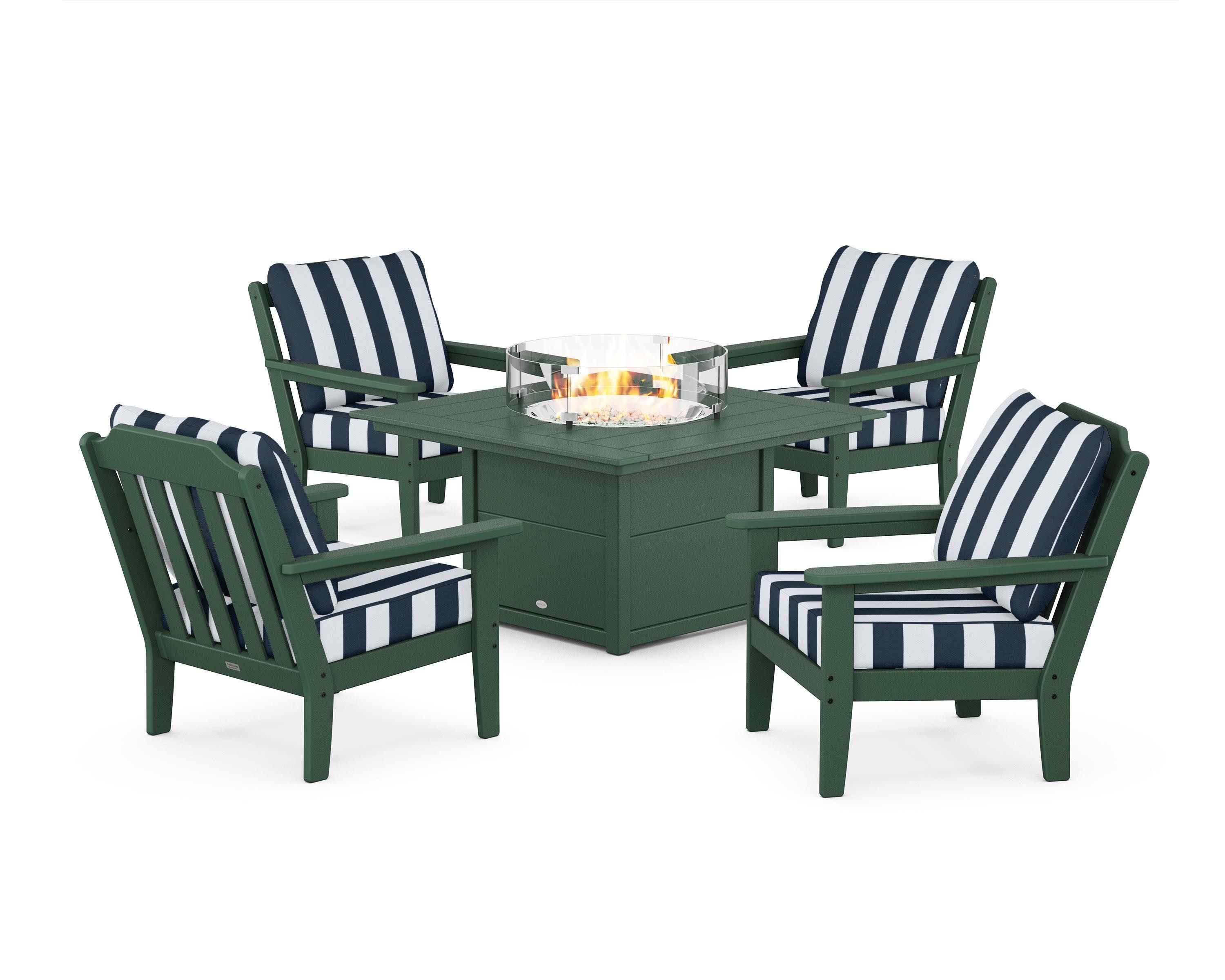 Cottage 5-Piece Deep Seating Set with Fire Pit Table in Green / Cabana Stripe Marine Indigo