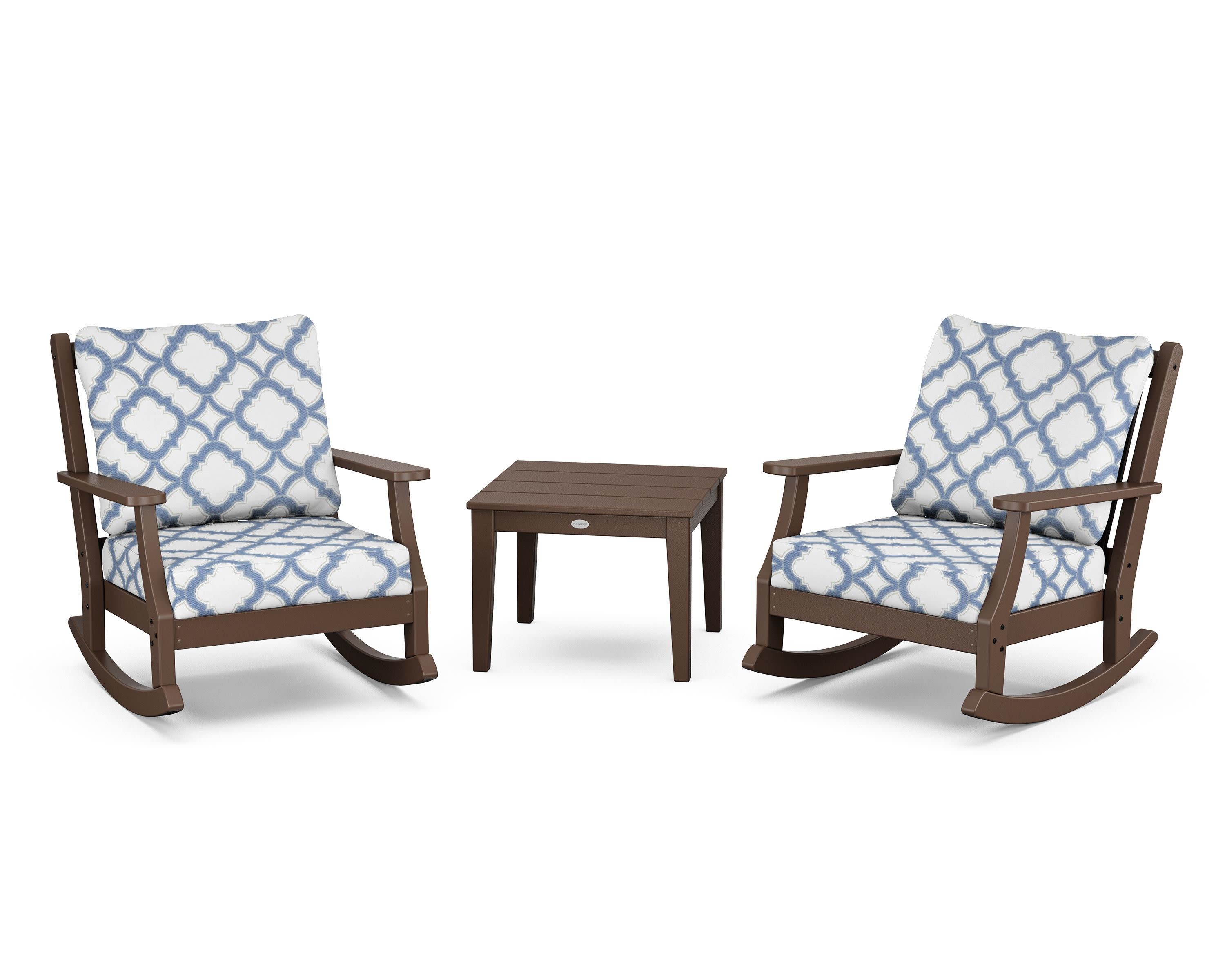 Wovendale 3-Piece Deep Seating Rocker Set in Mahogany / Trellis Sky Blue