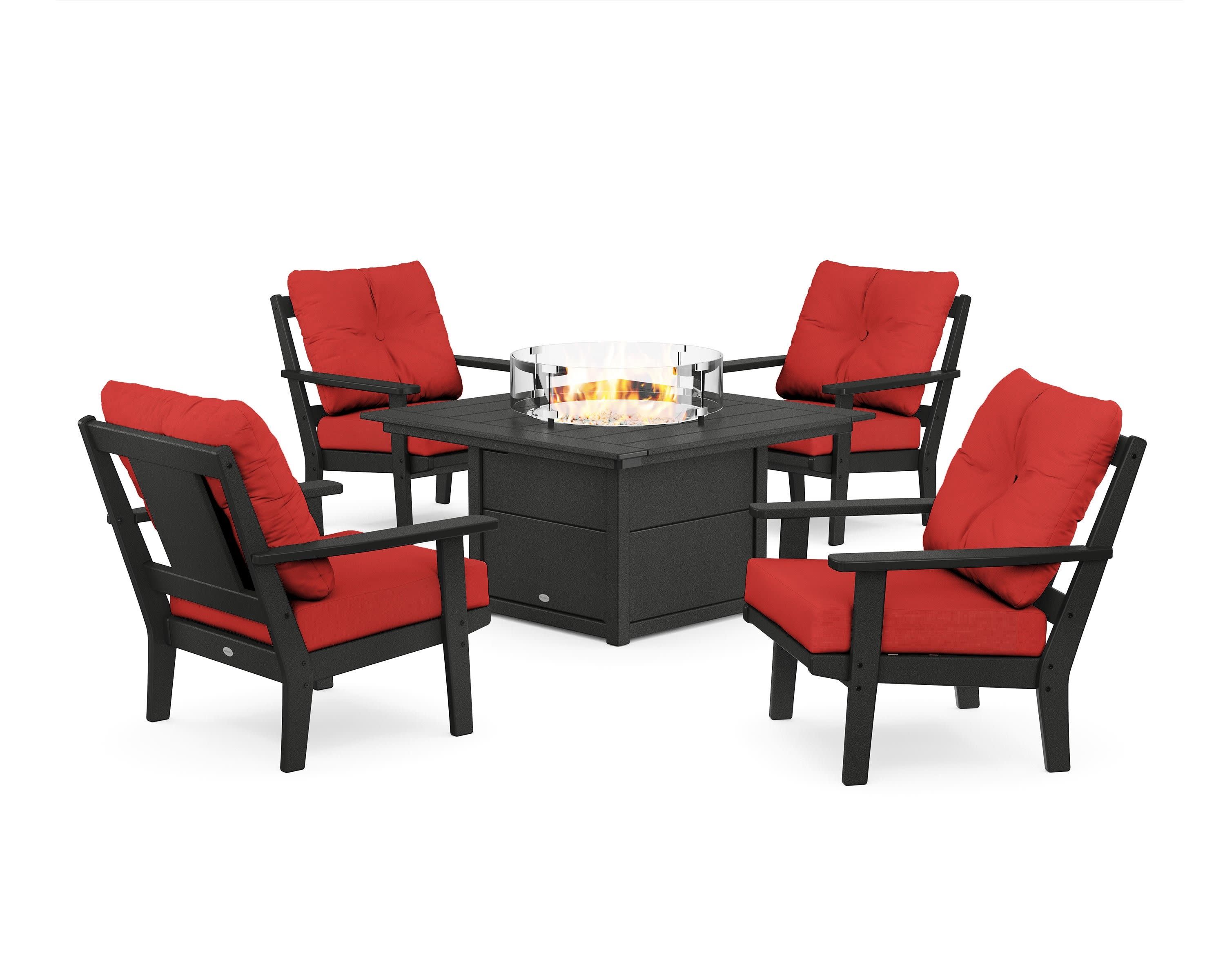Prairie 5-Piece Deep Seating Set with Fire Pit Table in Black / Crimson Linen