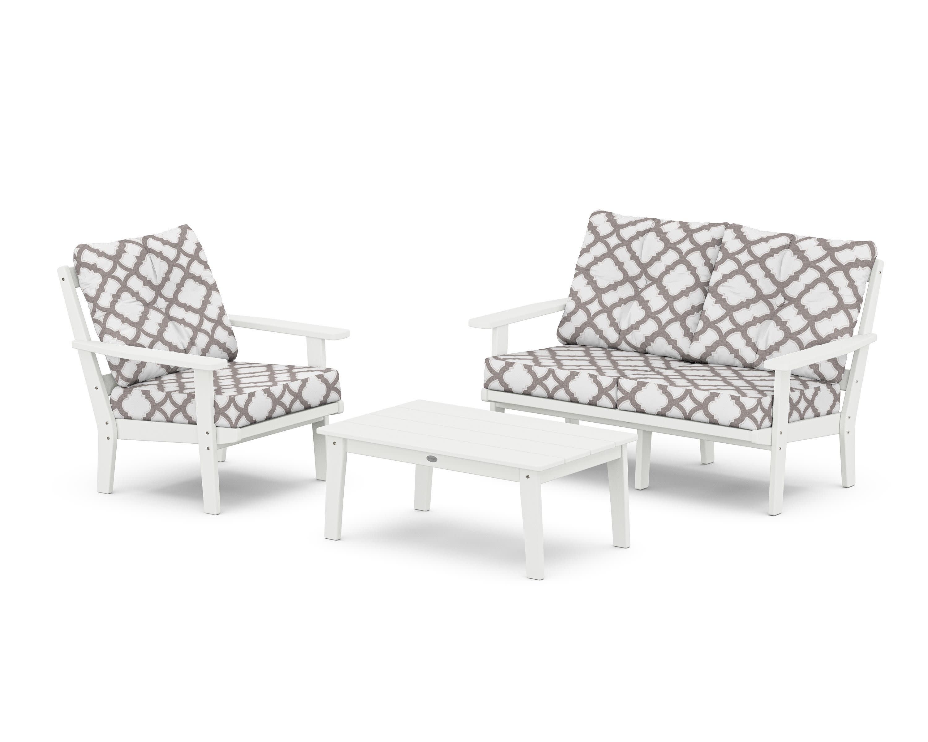 Prairie 3-Piece Deep Seating Set with Loveseat in White / Trellis Grey Mist