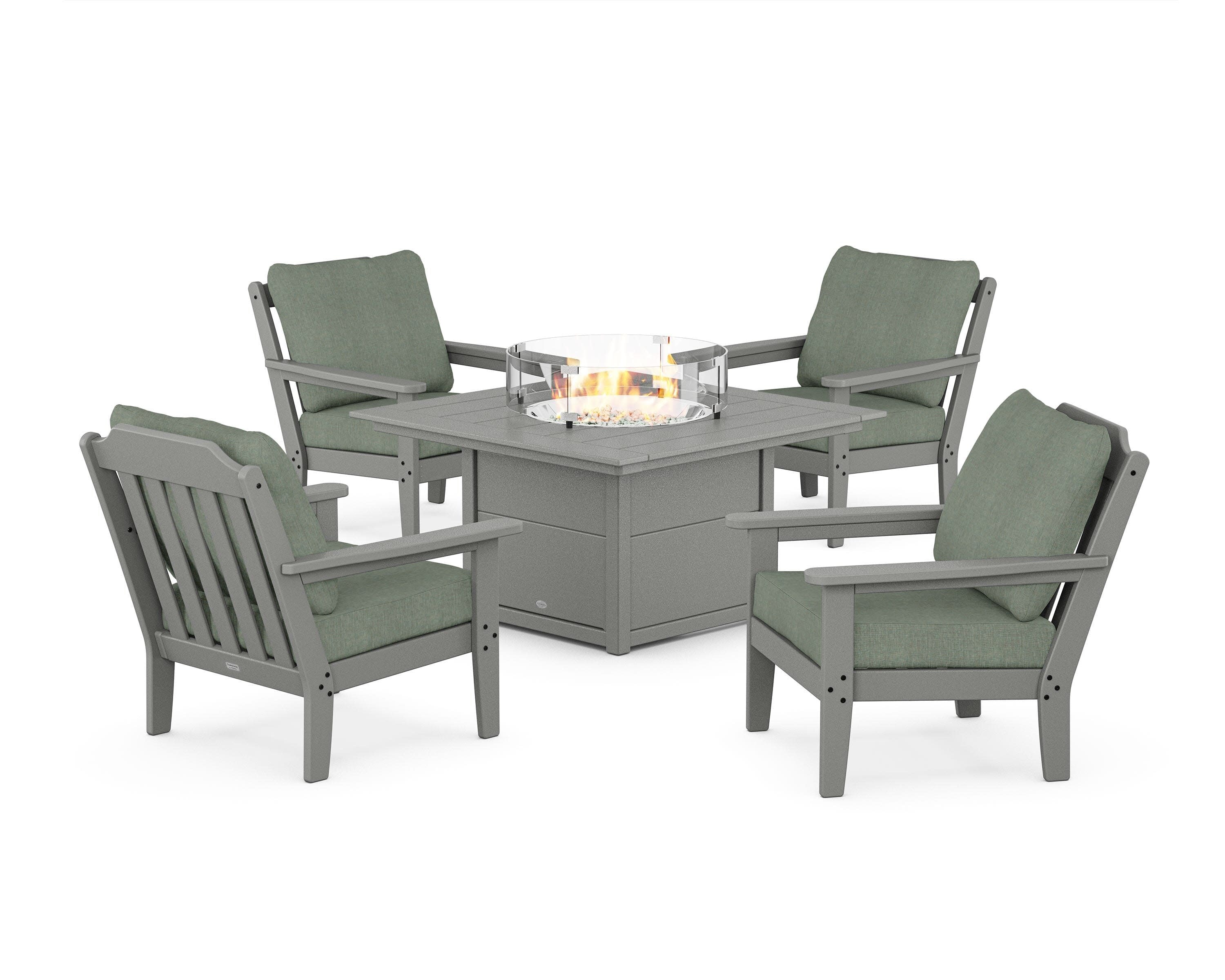 Cottage 5-Piece Deep Seating Set with Fire Pit Table in Slate Grey / Cast Sage
