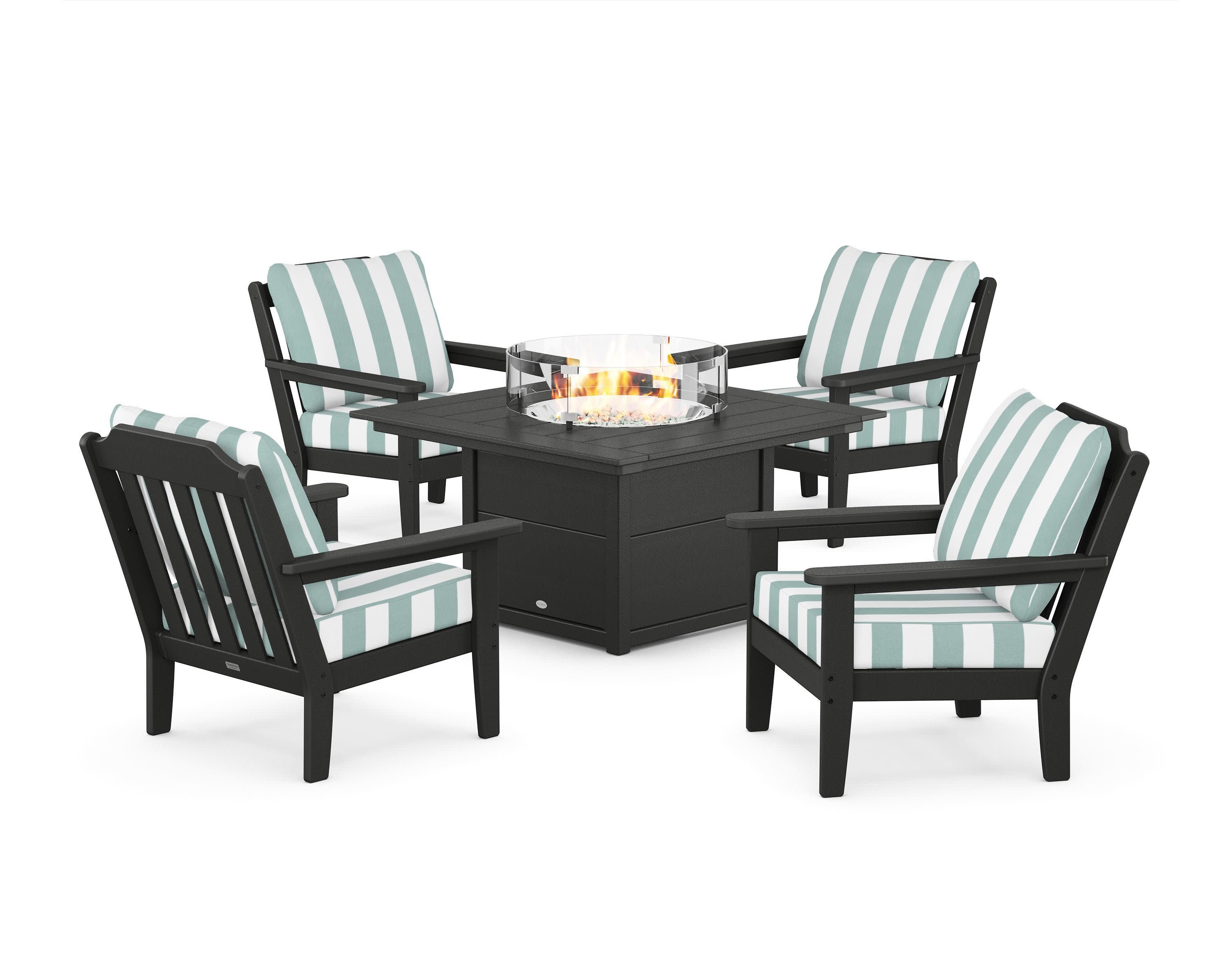Cottage 5-Piece Deep Seating Set with Fire Pit Table in Black / Cabana Stripe Glacier Spa