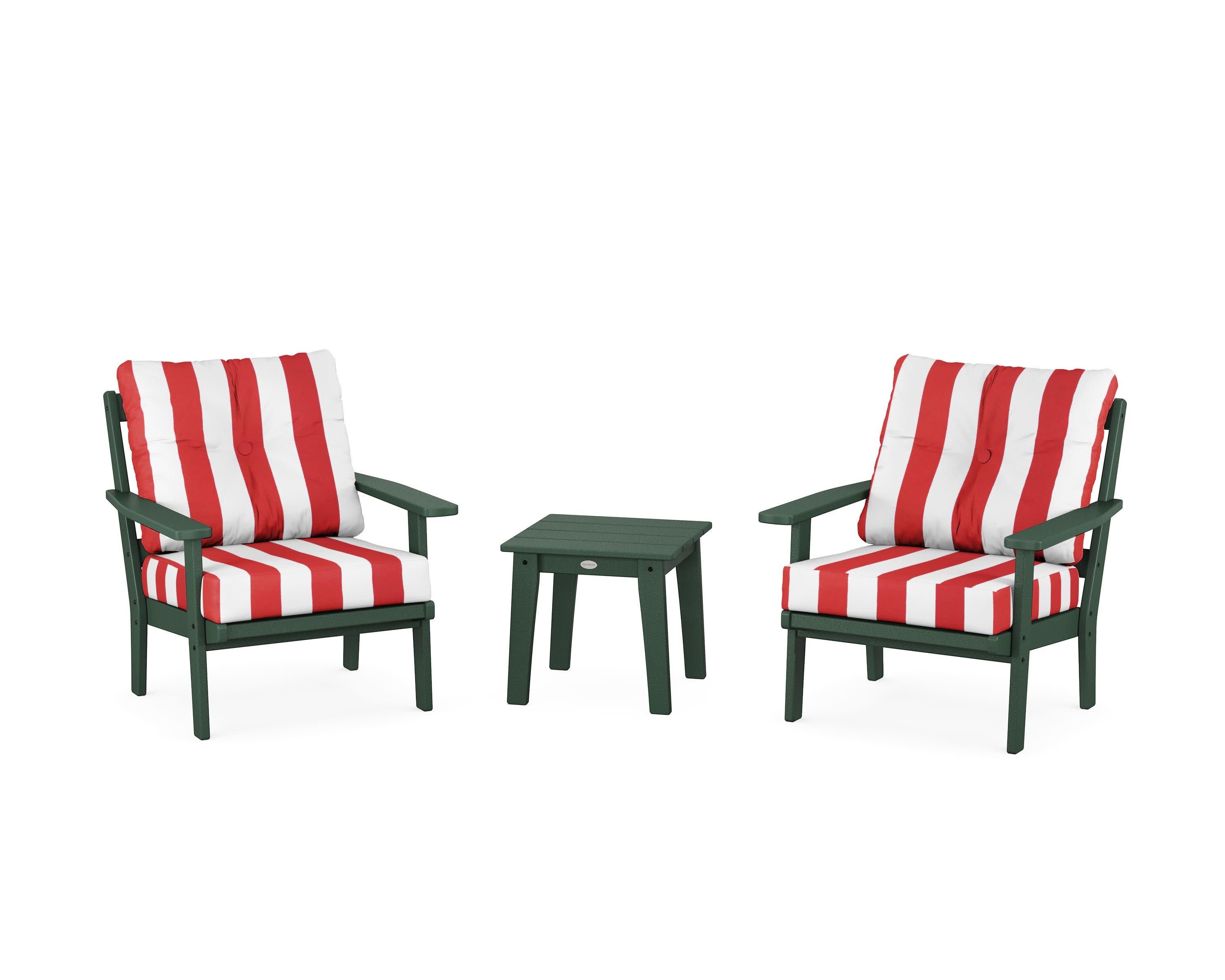 Prairie 3-Piece Deep Seating Set in Green / Cabana Stripe Crimson