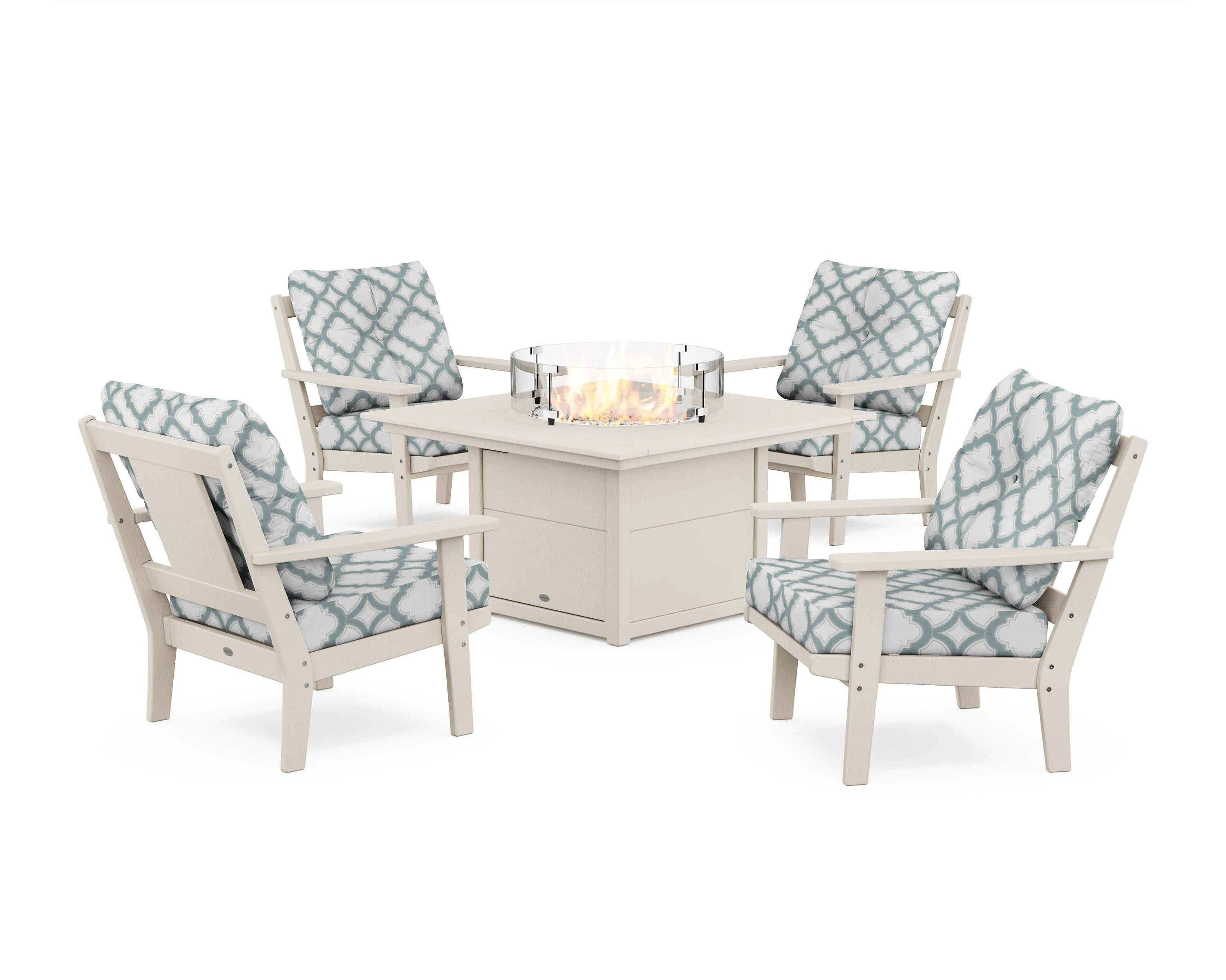 Prairie 5-Piece Deep Seating Set with Fire Pit Table in Sand / Trellis Glacier Spa