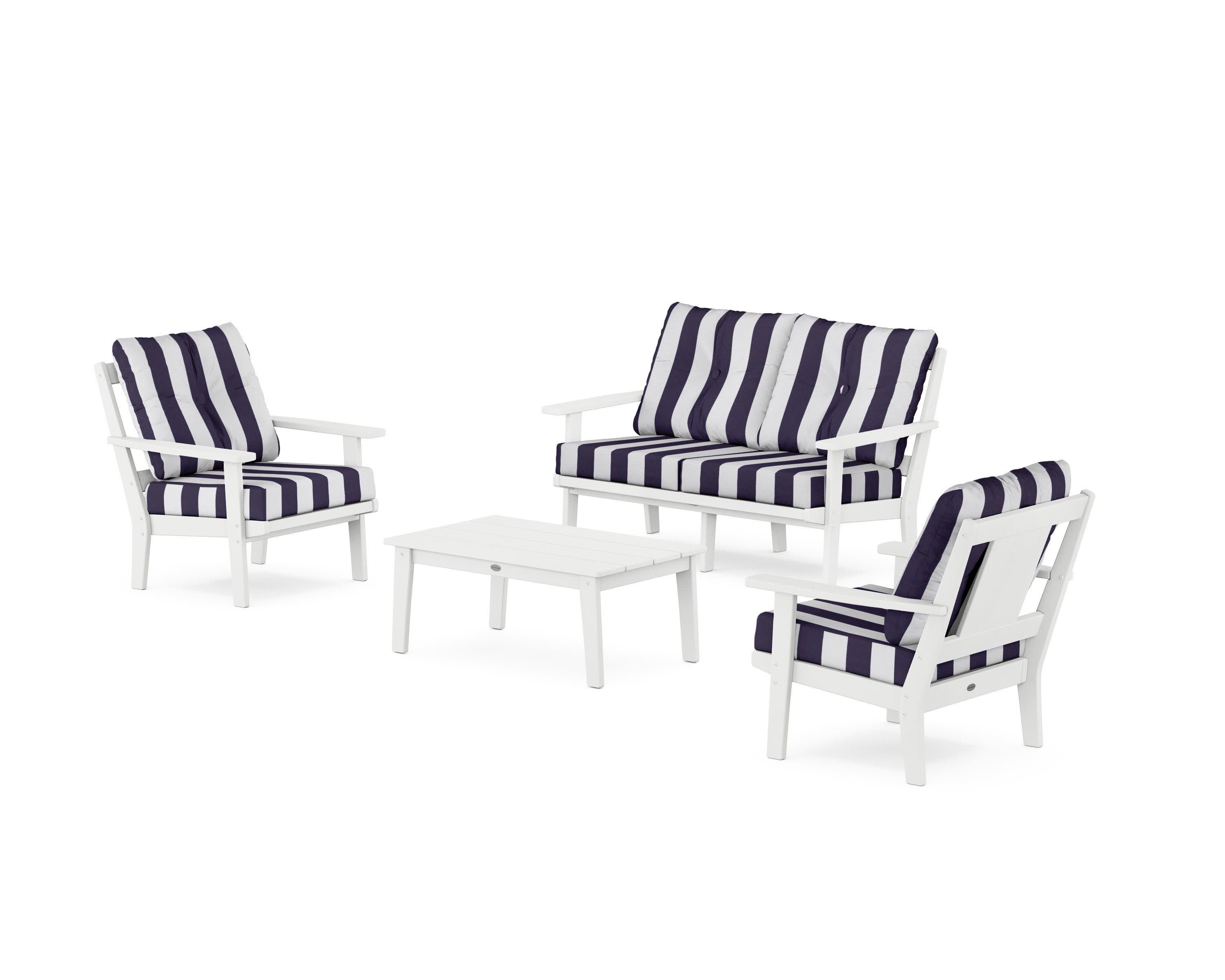 Prairie 4-Piece Deep Seating Set with Loveseat in White / Cabana Stripe Navy