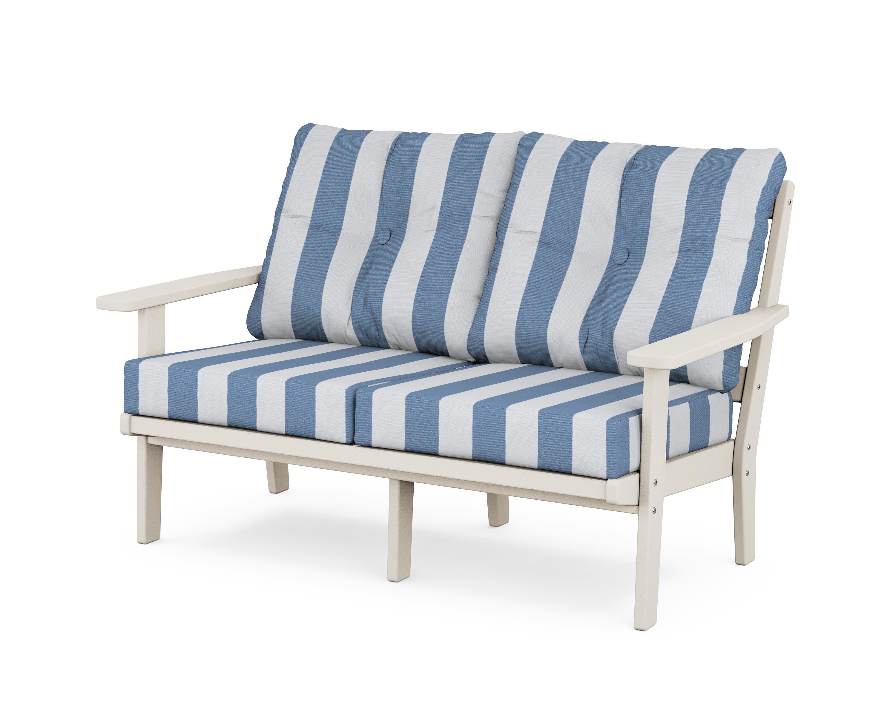 Prairie Deep SeatingLoveseat in Sand / Cabana Stripe Sky Blue
