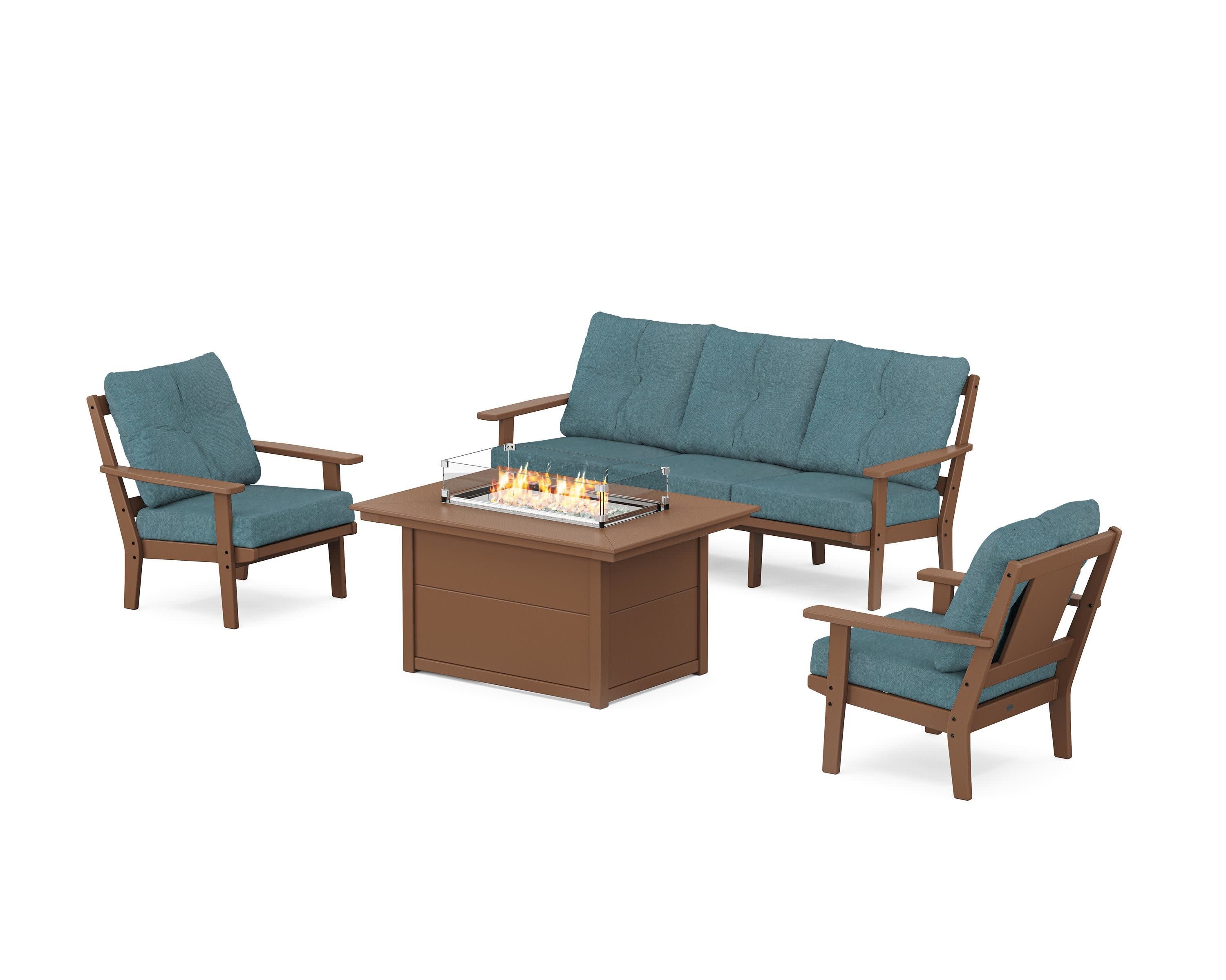 Prairie Deep Seating Fire Pit Table Set in Teak / Ocean Teal