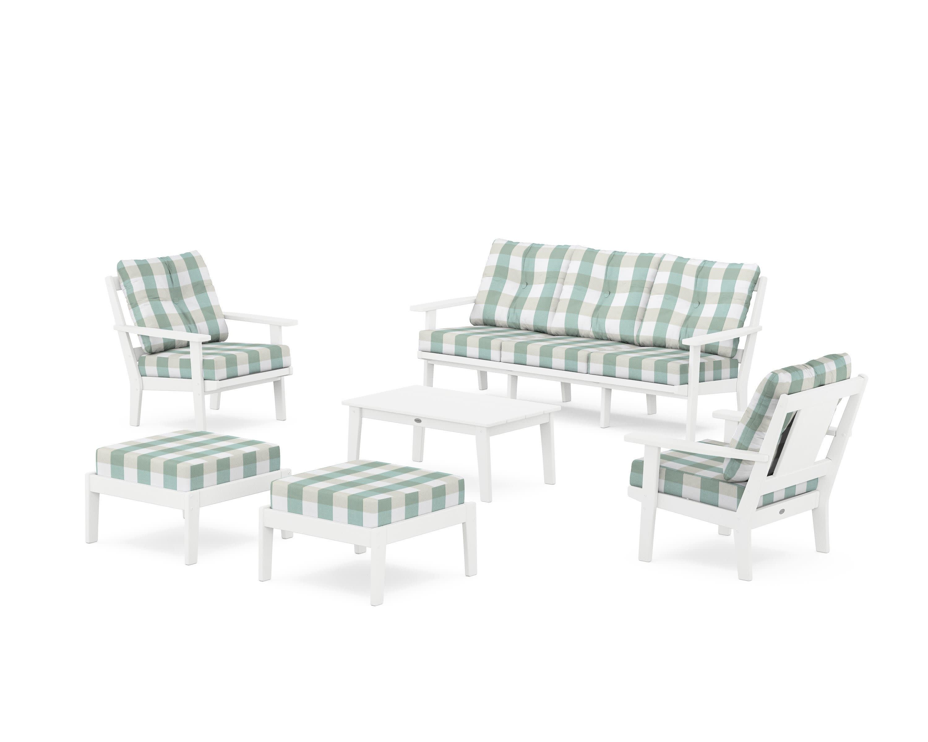 Prairie 6-Piece Lounge Sofa Set in White / Buffalo Plaid Glacier Spa