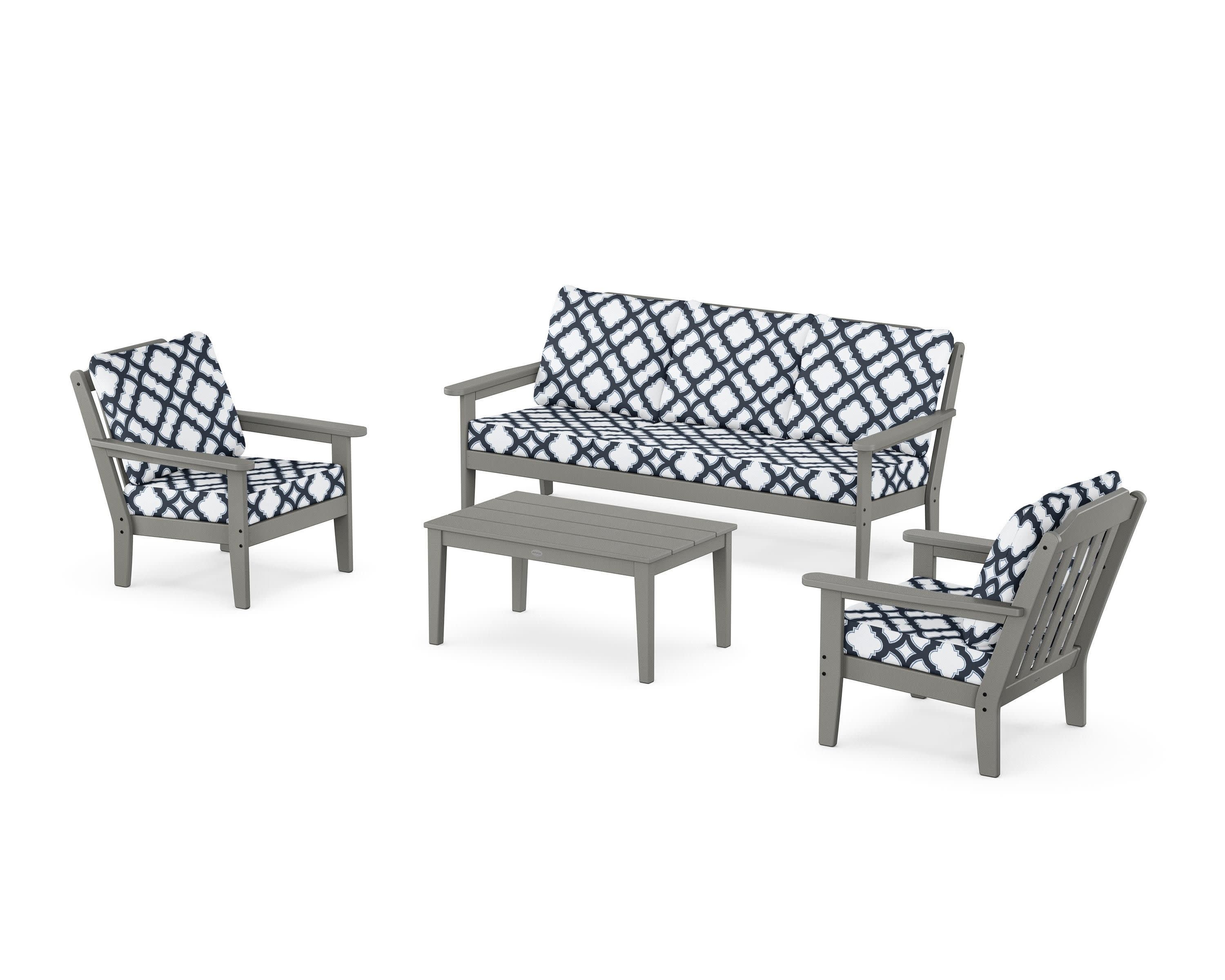Cottage 4-Piece Deep Seating Set with Sofa in Slate Grey / Trellis Marine Indigo