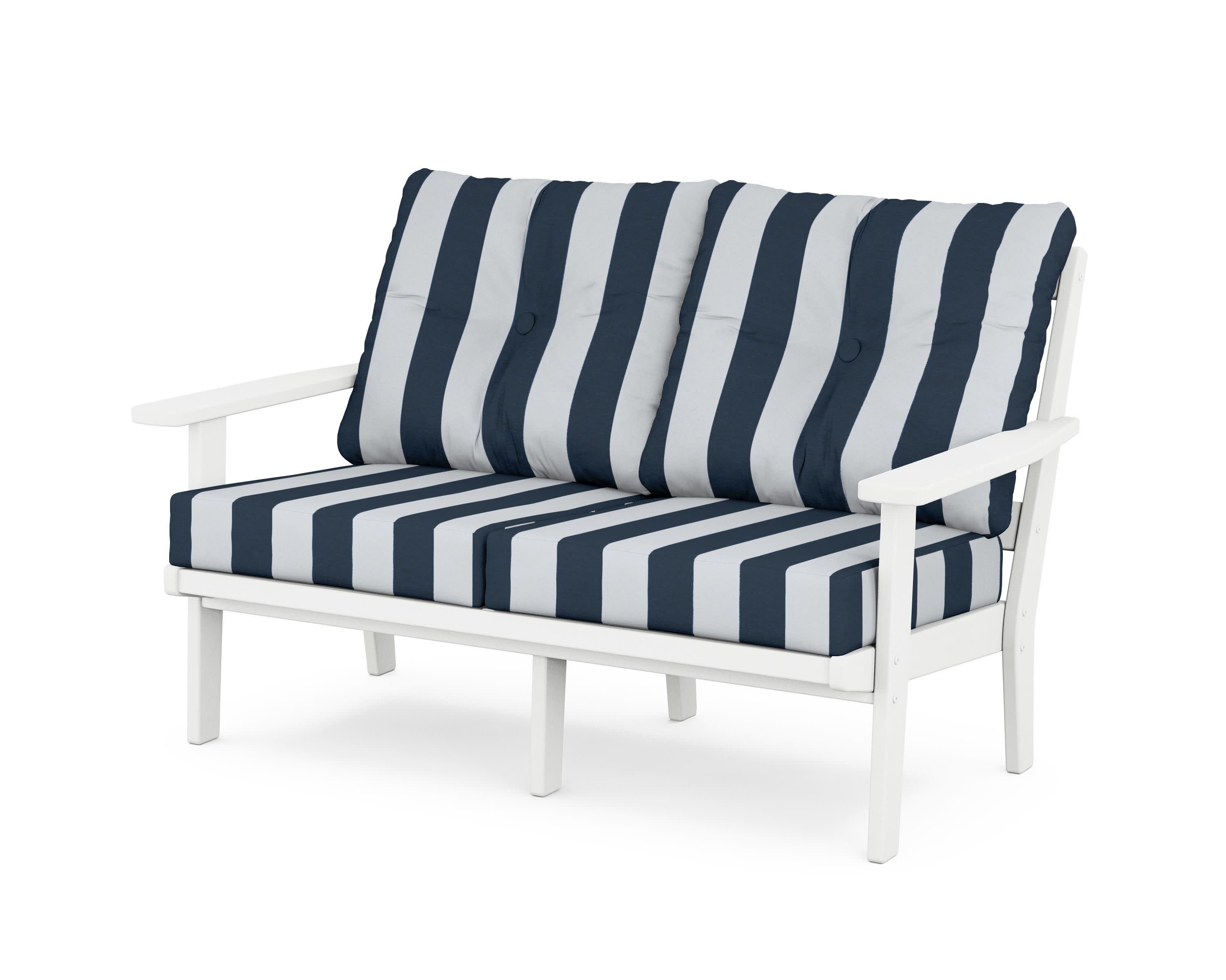 Prairie Deep SeatingLoveseat in White / Cabana Stripe Marine Indigo