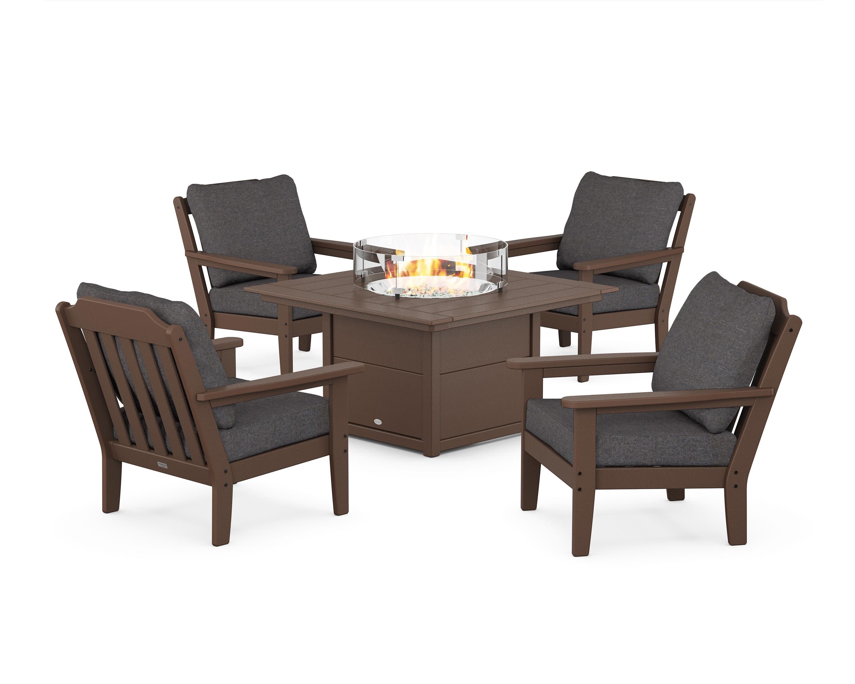 Cottage 5-Piece Deep Seating Set with Fire Pit Table in Mahogany / Ash Charcoal