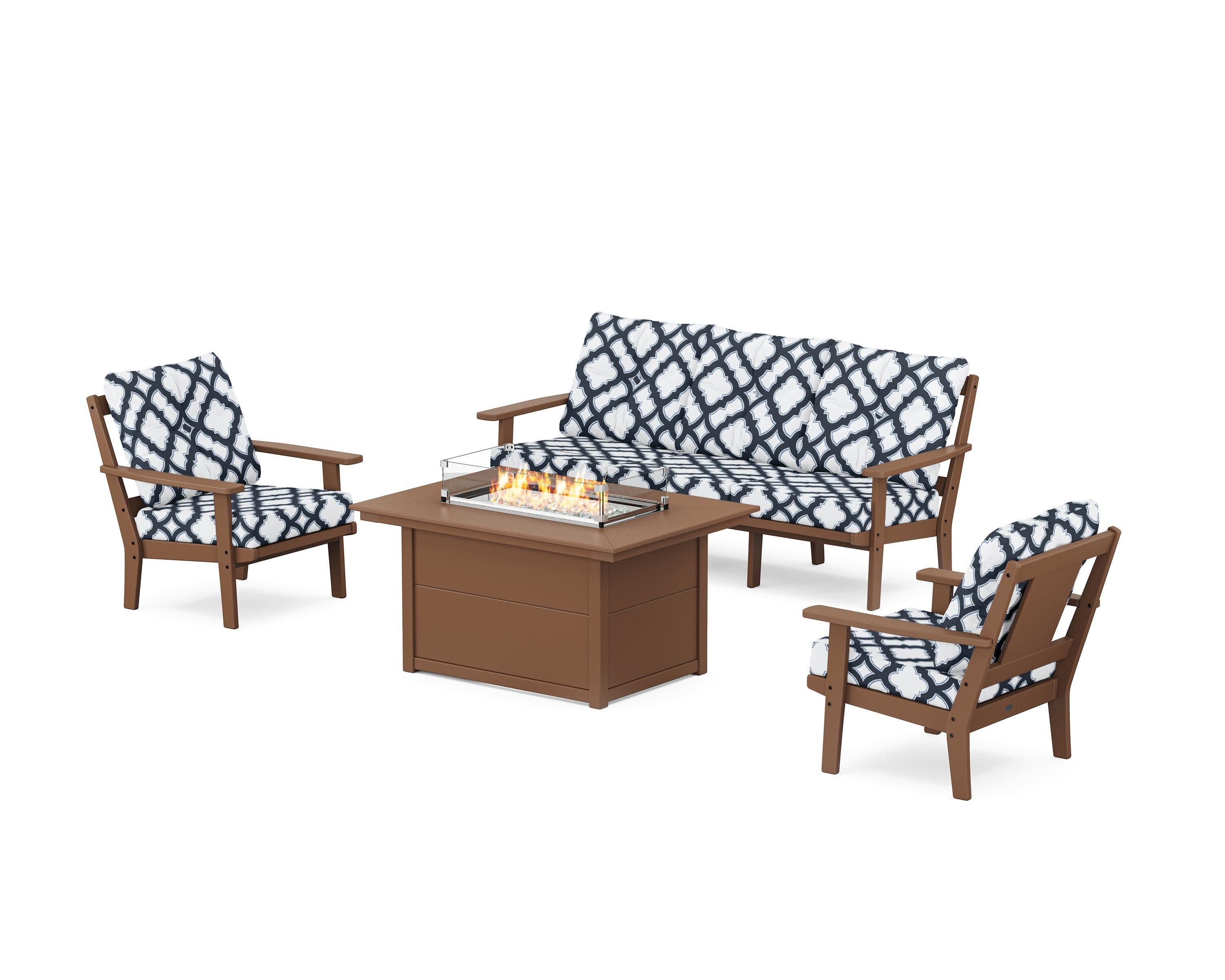Prairie Deep Seating Fire Pit Table Set in Teak / Trellis Marine Indigo