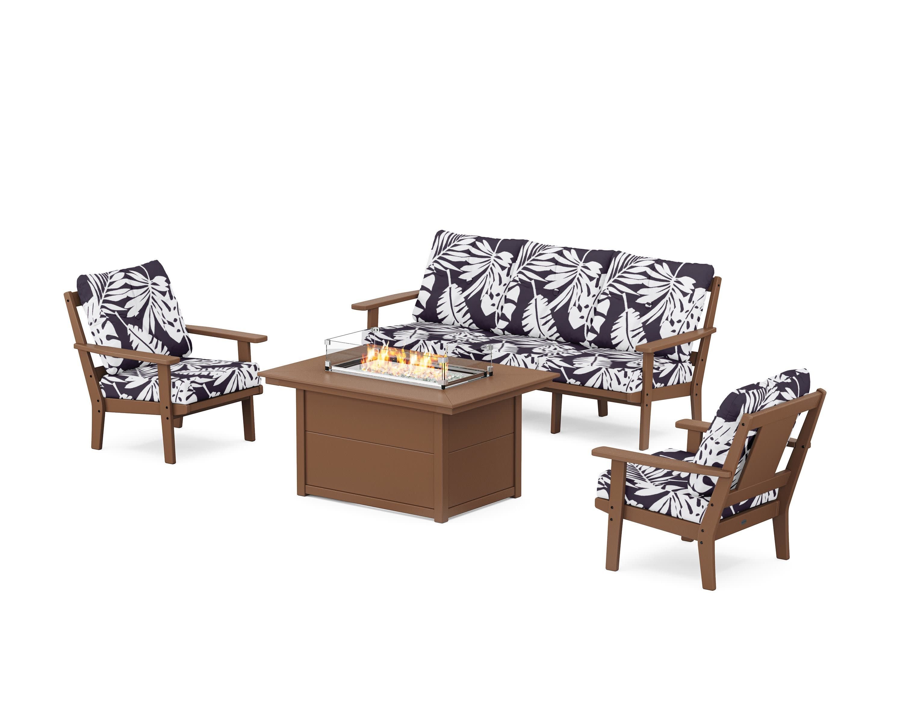 Prairie Deep Seating Fire Pit Table Set in Teak / Leaf Navy
