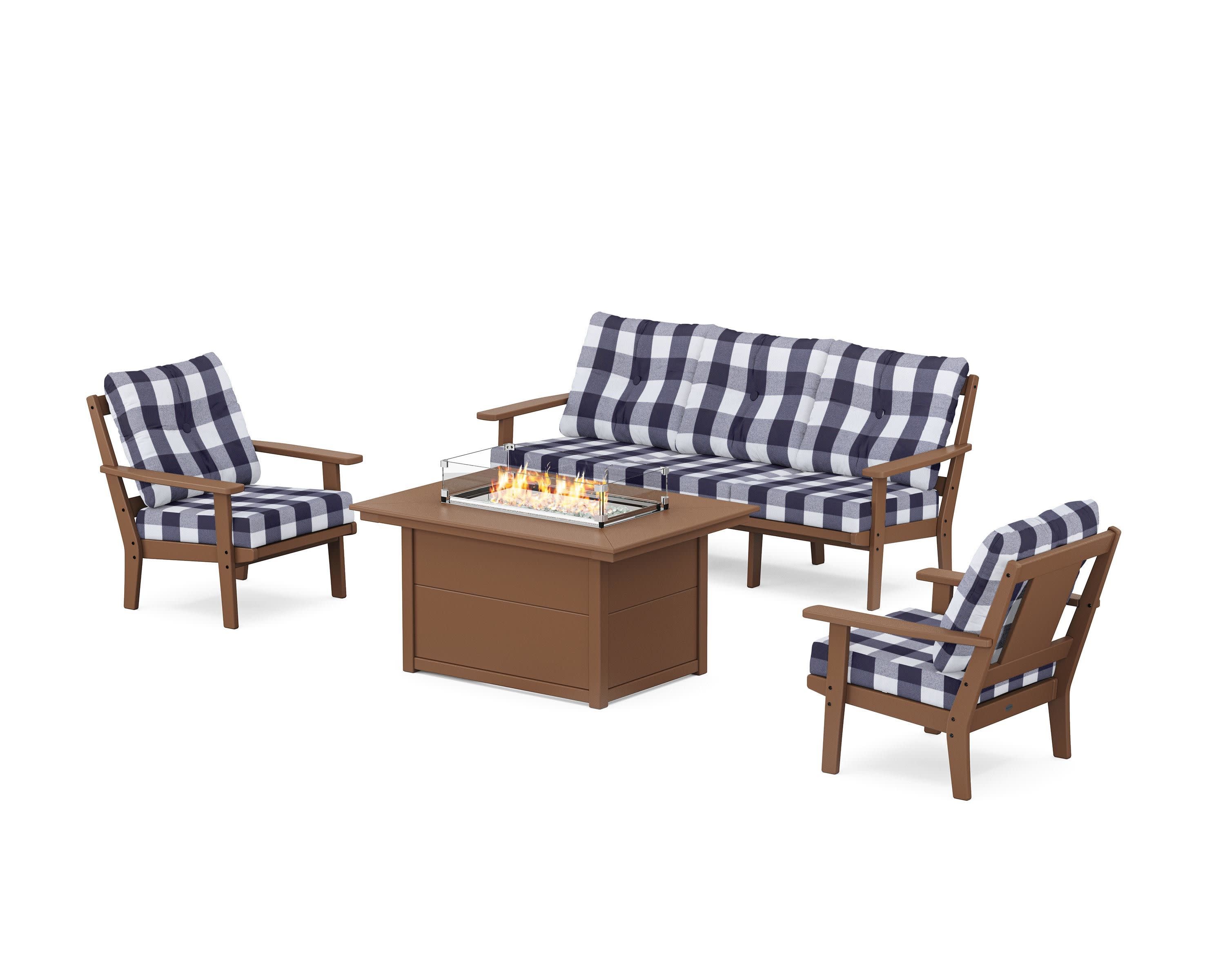 Prairie Deep Seating Fire Pit Table Set in Teak / Buffalo Plaid Navy