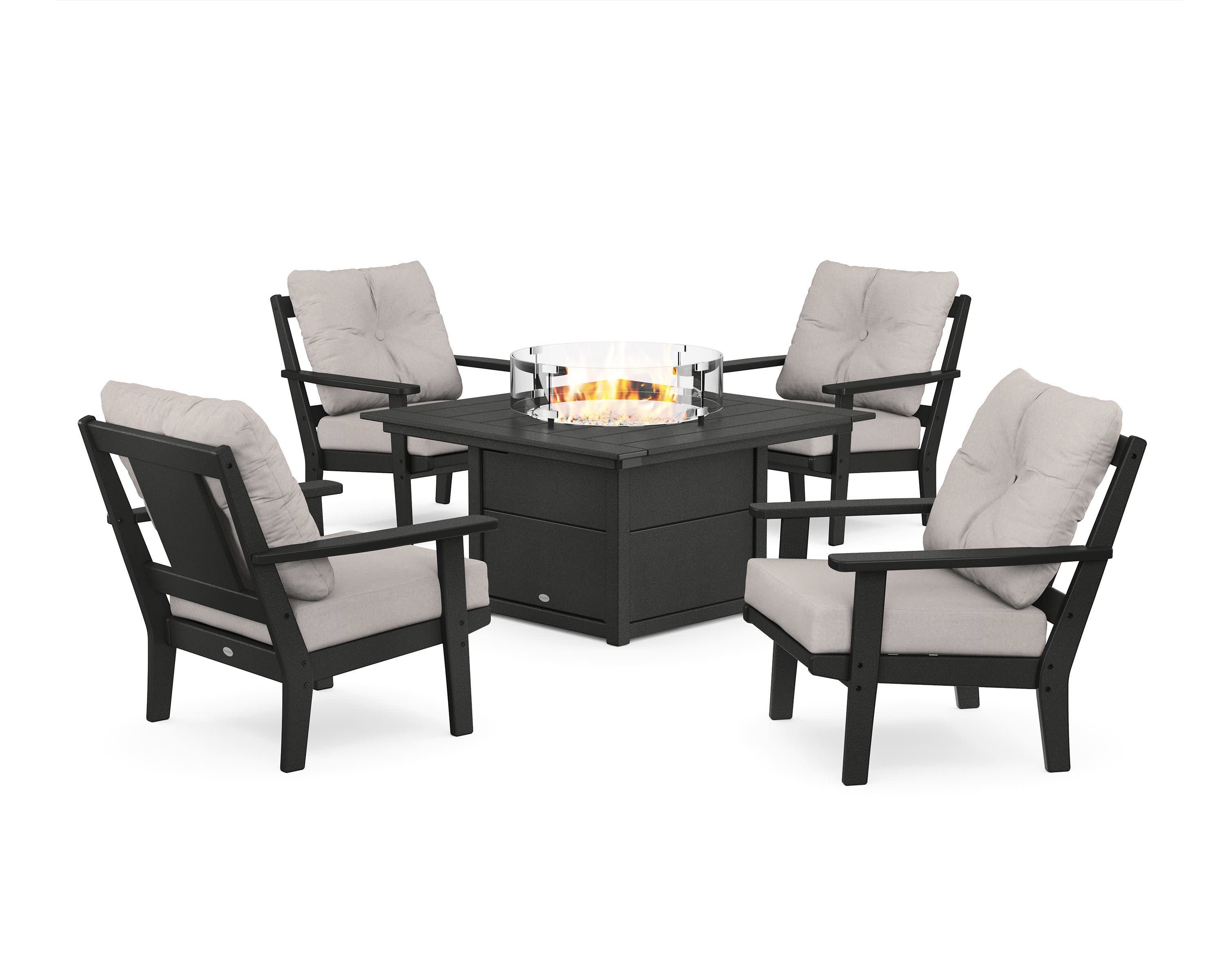 Prairie 5-Piece Deep Seating Set with Fire Pit Table in Black / Dune Burlap
