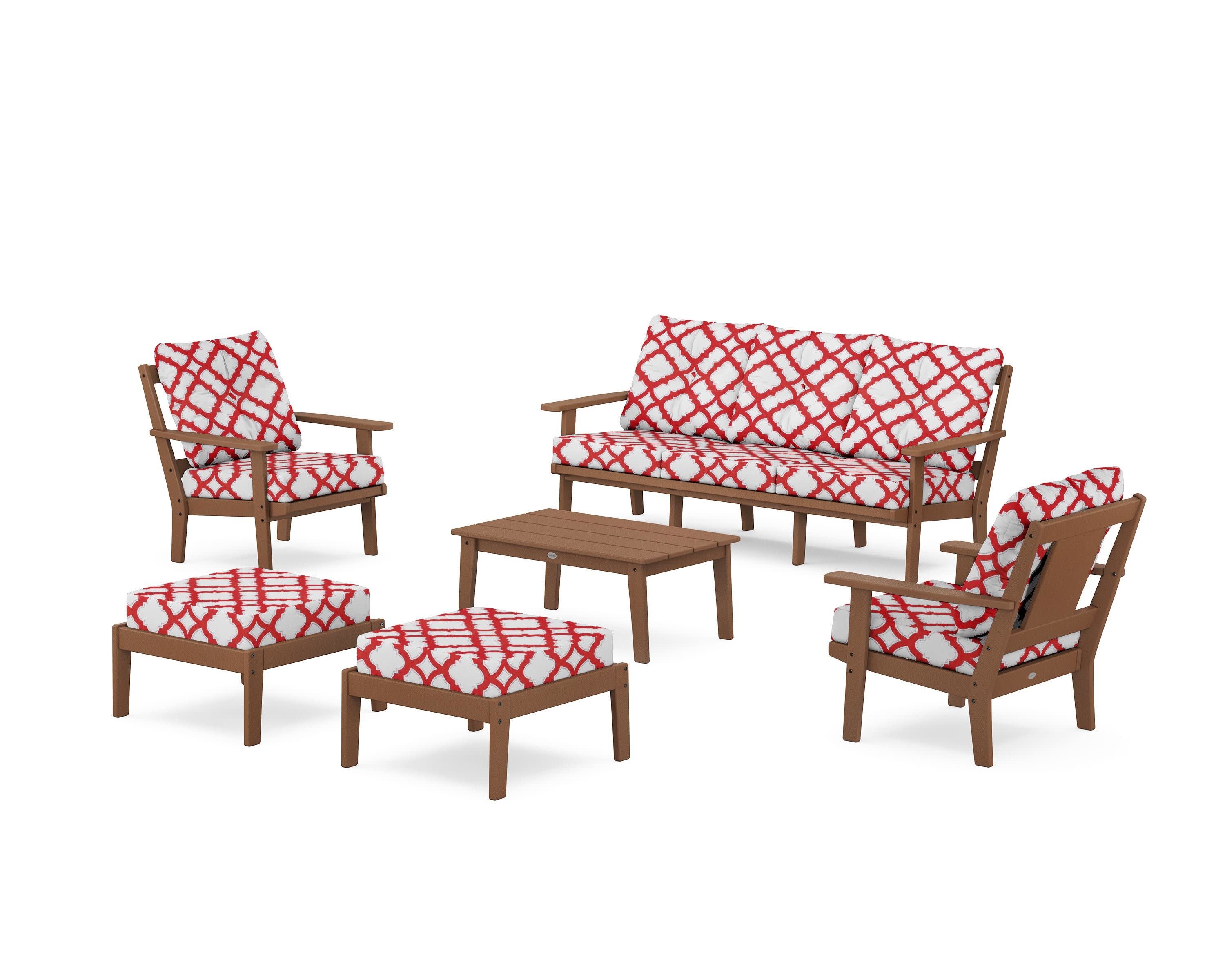 Prairie 6-Piece Lounge Sofa Set in Teak / Trellis Crimson