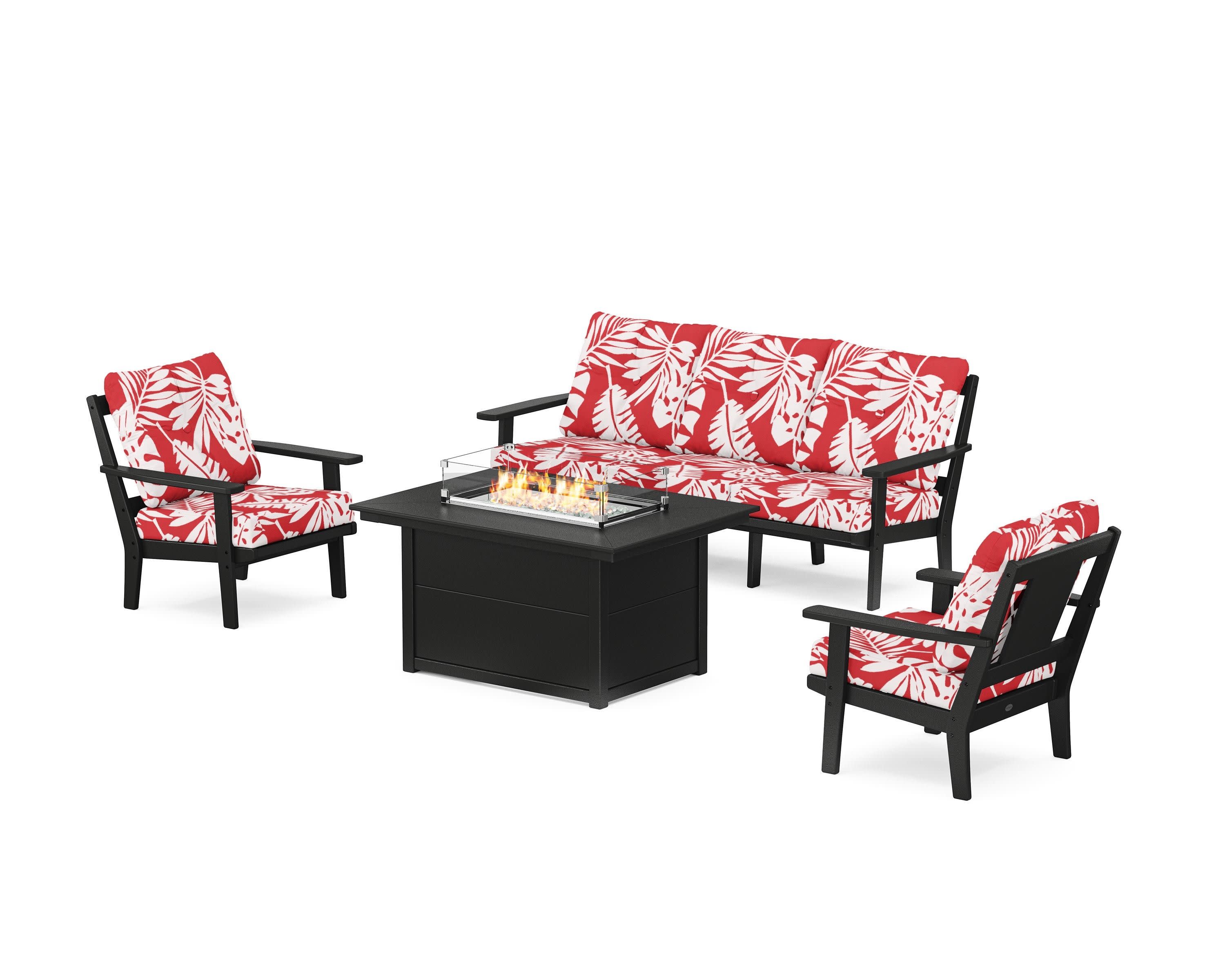 Prairie Deep Seating Fire Pit Table Set in Black / Leaf Crimson