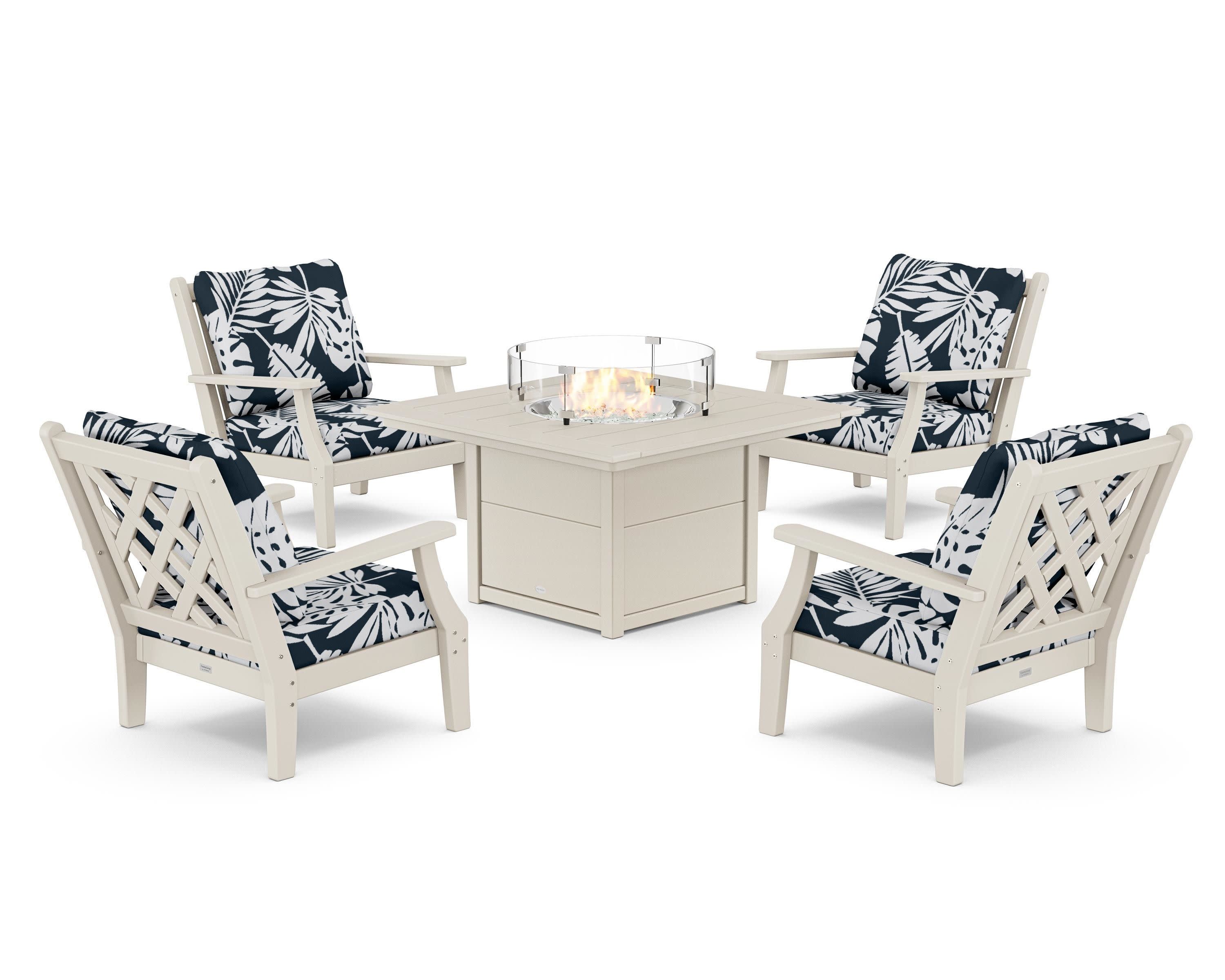 Wovendale 5-Piece Deep Seating Set with Fire Pit Table in Sand / Leaf Marine Indigo