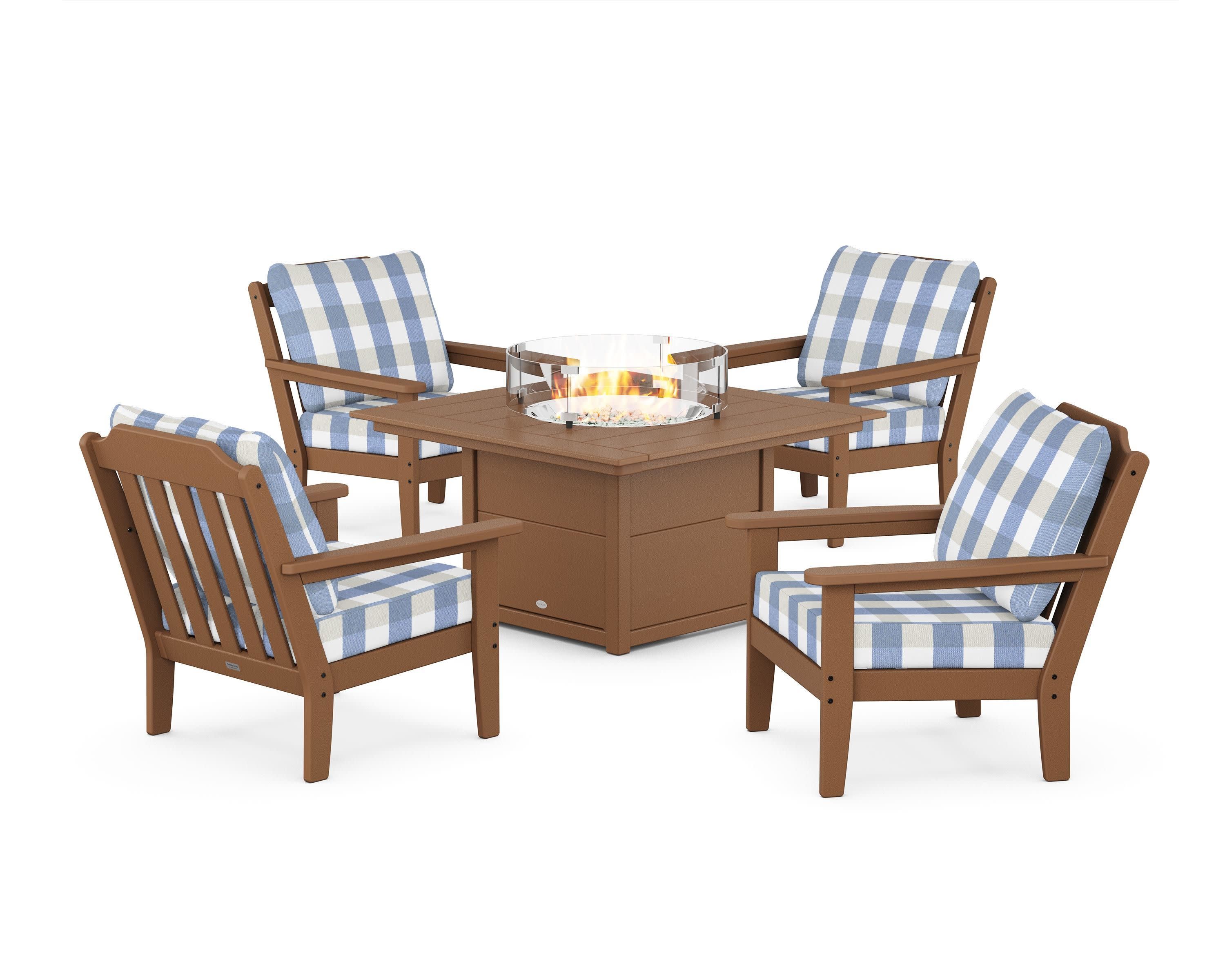 Cottage 5-Piece Deep Seating Set with Fire Pit Table in Teak / Buffalo Plaid Sky Blue
