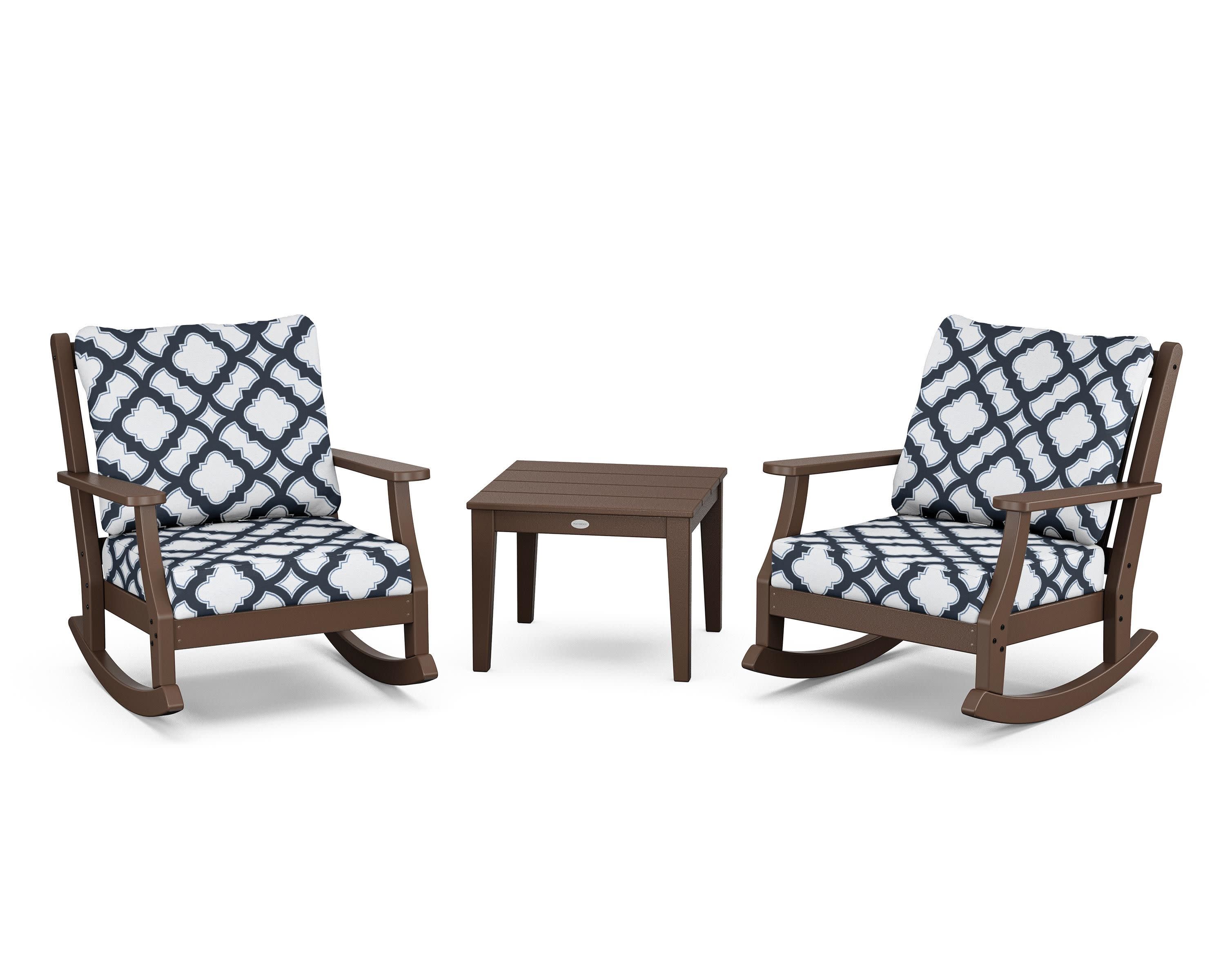 Wovendale 3-Piece Deep Seating Rocker Set in Mahogany / Trellis Marine Indigo