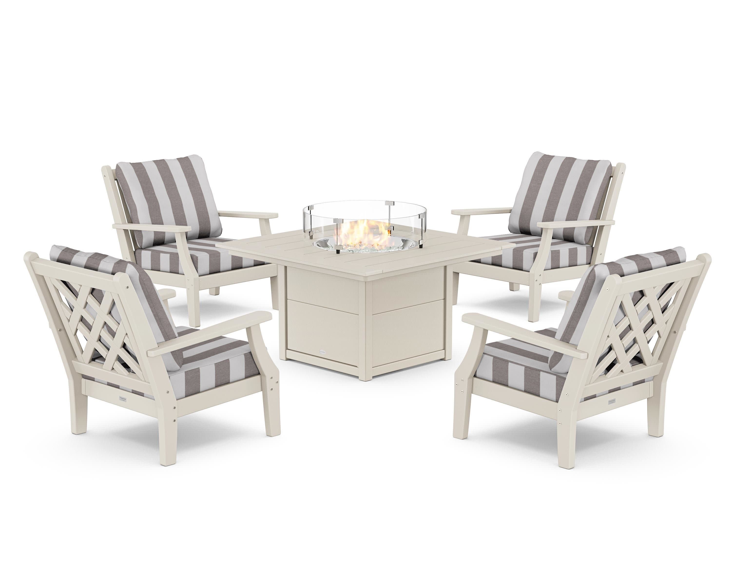 Wovendale 5-Piece Deep Seating Set with Fire Pit Table in Sand / Cabana Stripe Grey Mist
