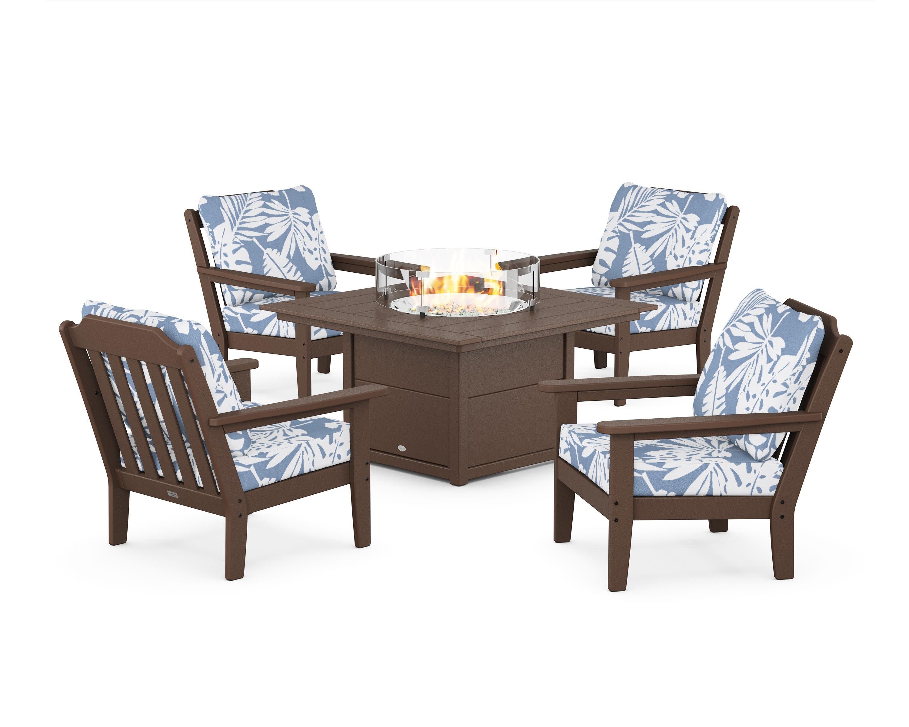 Cottage 5-Piece Deep Seating Set with Fire Pit Table in Mahogany / Leaf Sky Blue