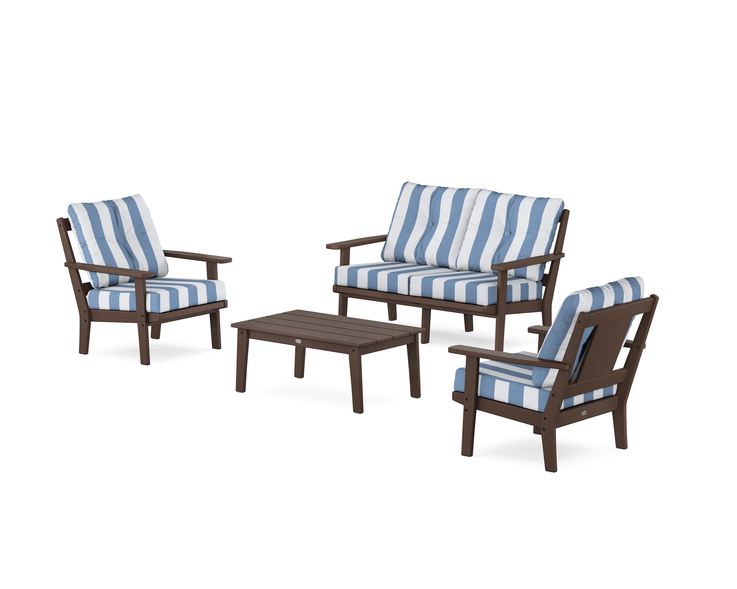 Prairie 4-Piece Deep Seating Set with Loveseat in Mahogany / Cabana Stripe Sky Blue