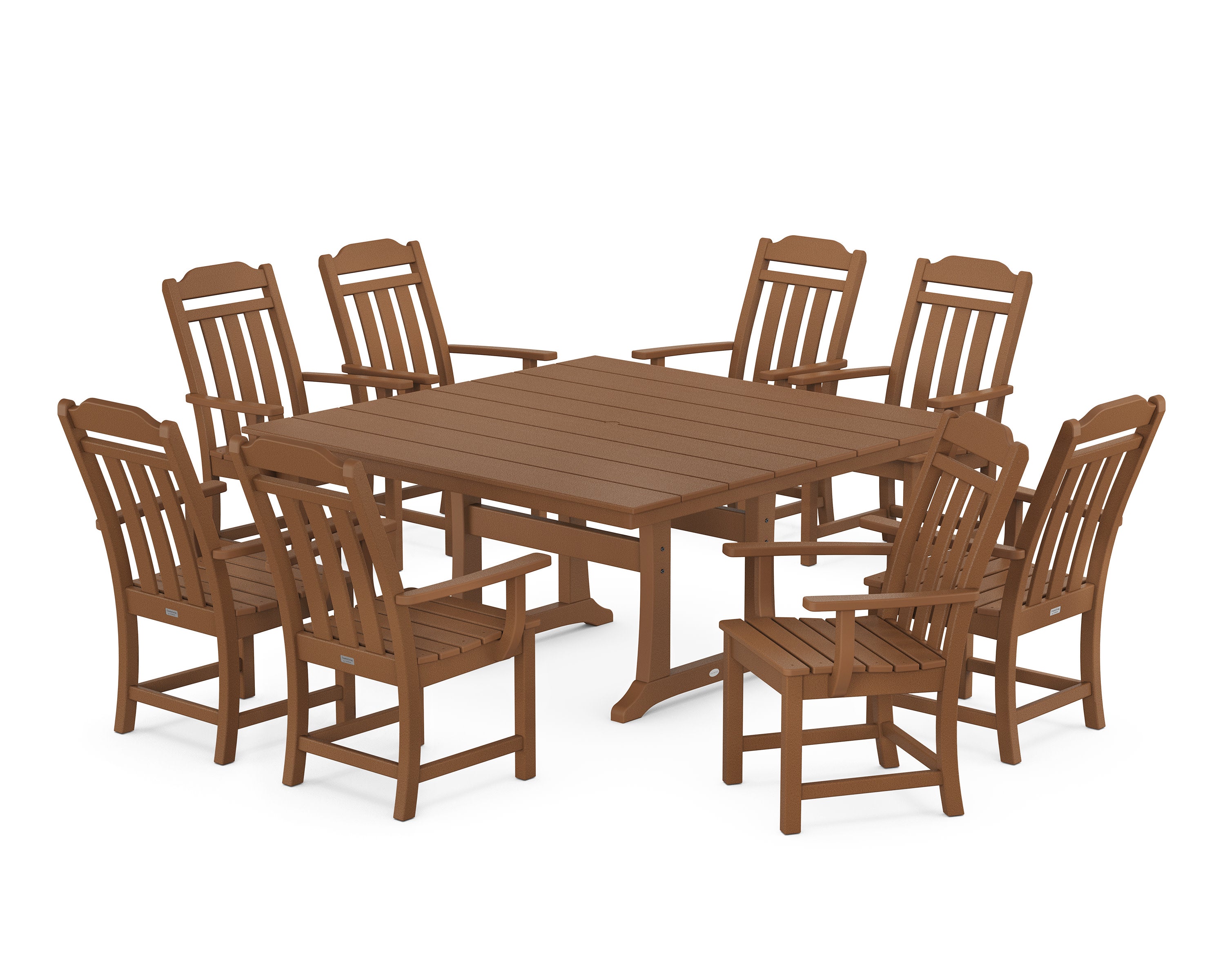 Cottage 9-Piece Square Farmhouse Dining Set with Trestle Legs in Teak