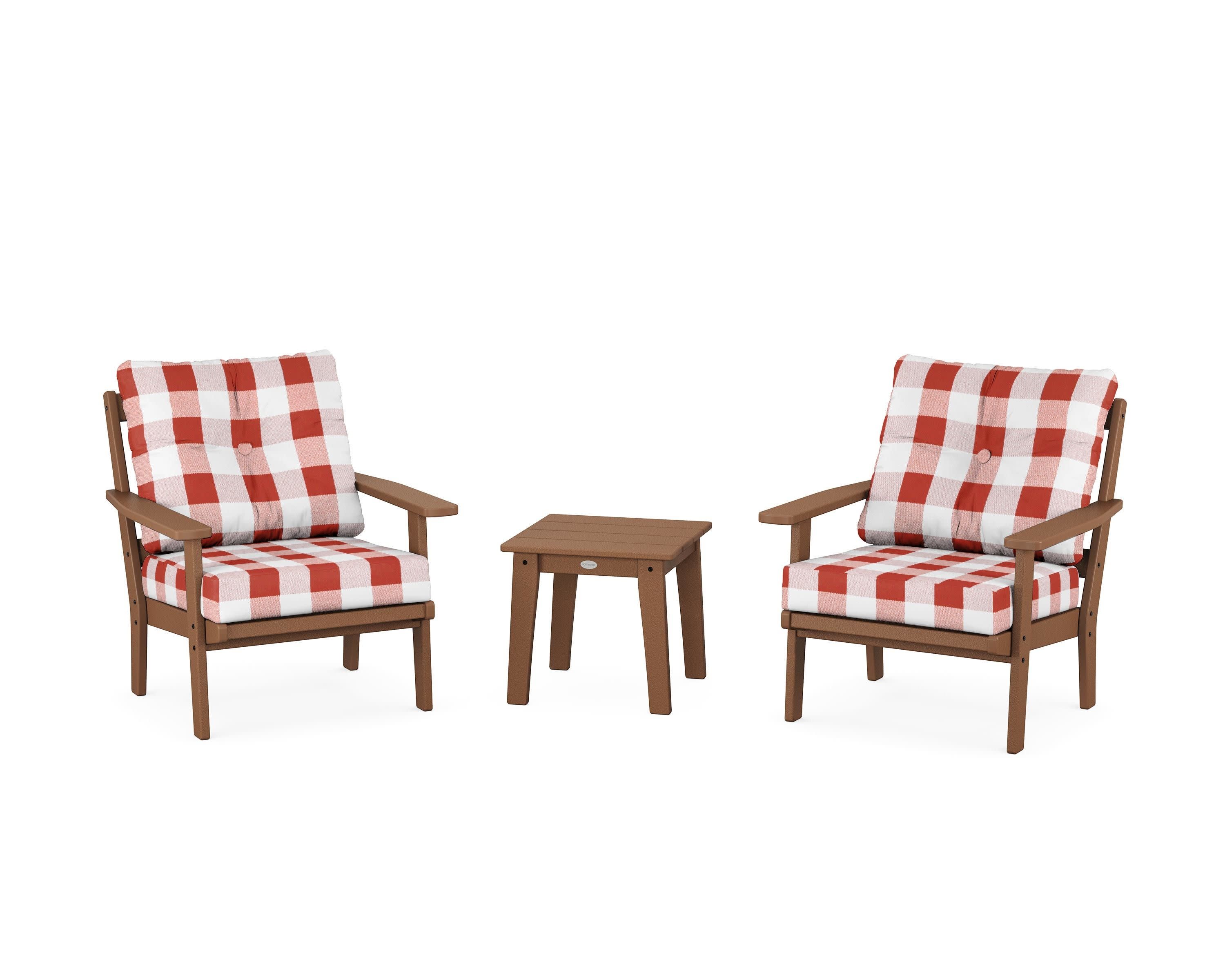 Prairie 3-Piece Deep Seating Set in Teak / Buffalo Plaid Crimson